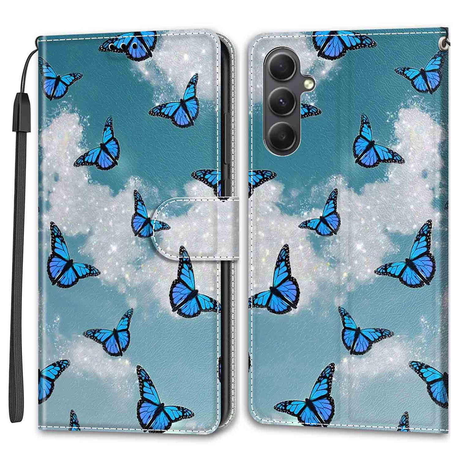 

Für Samsung Galaxy S23 fe Case Card Inhaber Telefonständer Cover - Weisse Wolke / Blaue Schmetterlinge, Galaxy S23 FE