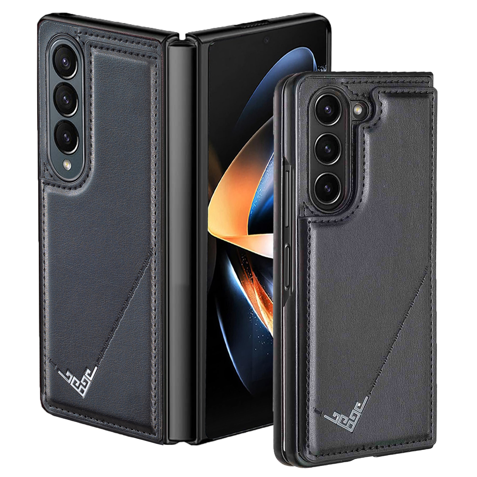 

Für Samsung Galaxy Z Fold4 5G Hülle Retro V-Shape Decor PU Leather Kartenhalter Smartphone Deckung - Schwarz, Galaxy Z Fold4 5G