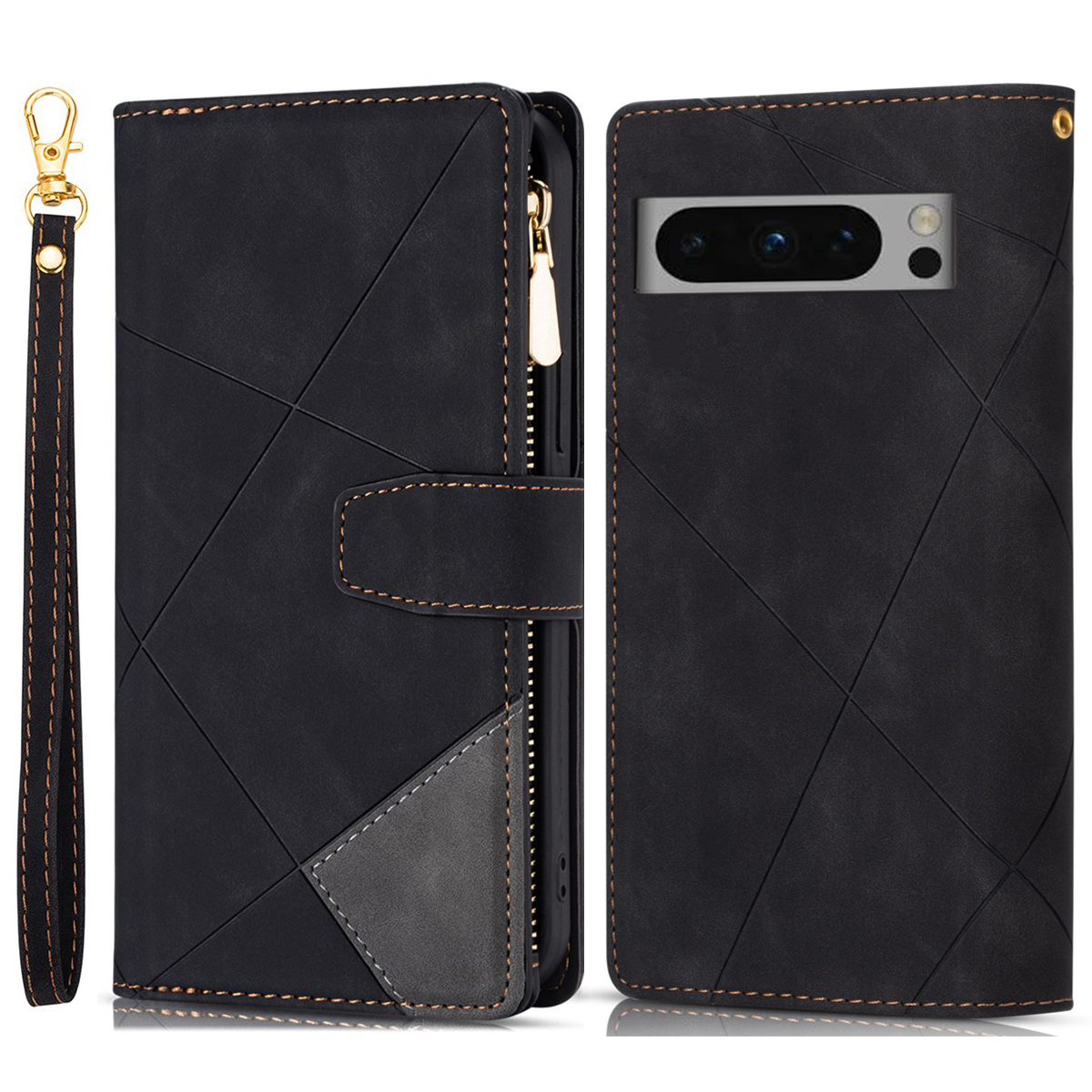 

Für Google Pixel 8 Pro Case PU Leder -ständer Cover Mit Reißverschluss in Tasche - Schwarz, Google Pixel 8 Pro
