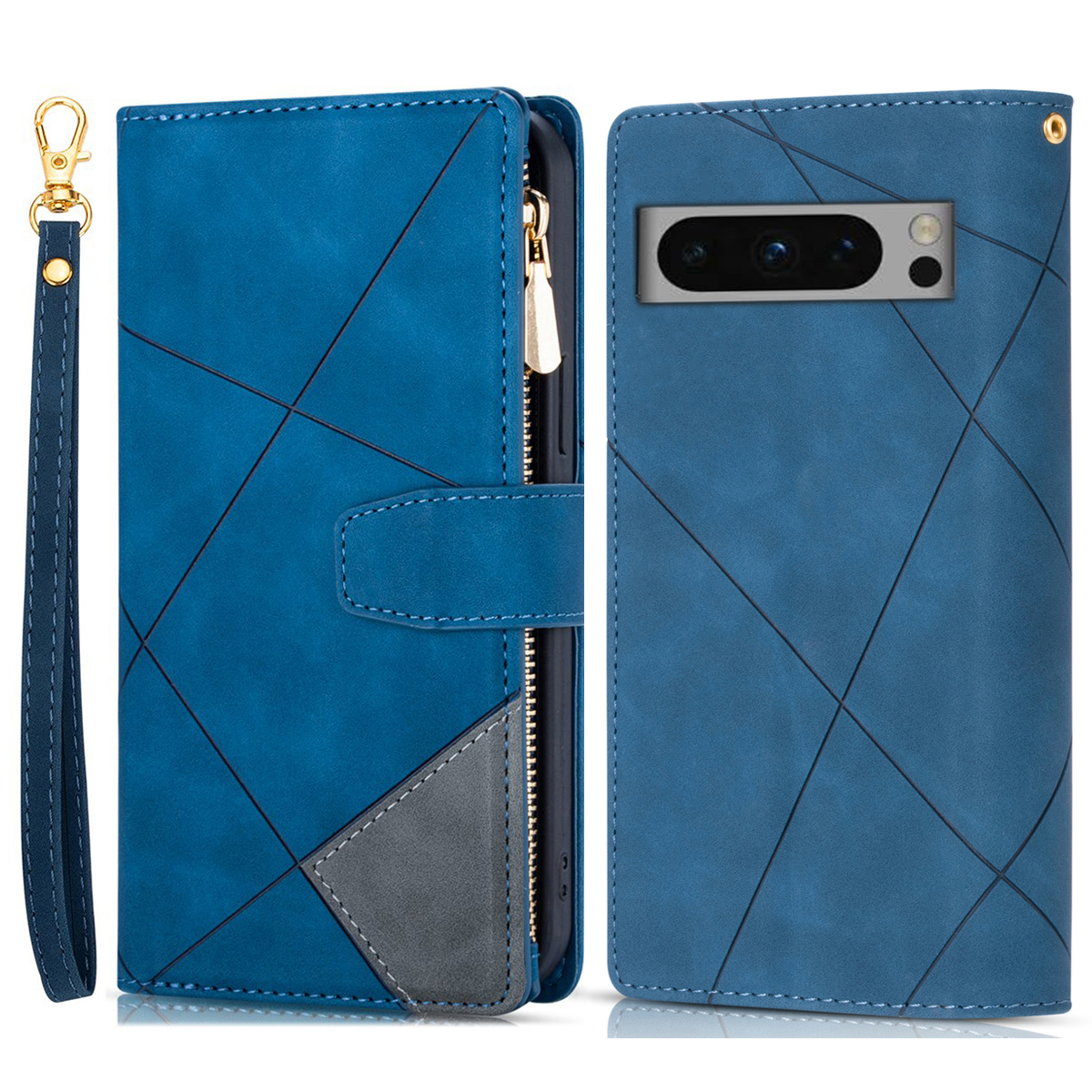 

Für Google Pixel 8 Pro Case PU Leder -ständer Cover Mit Reißverschluss in Tasche - Blau, Google Pixel 8 Pro