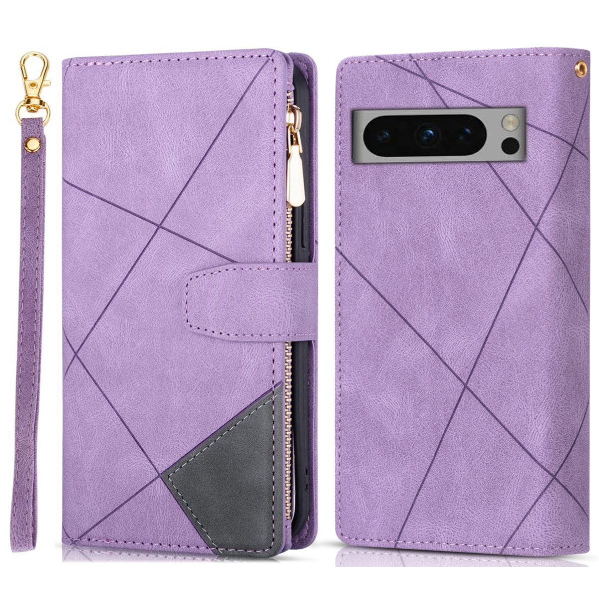 

Für Google Pixel 8 Pro Case PU Leder -ständer Cover Mit Reißverschluss in Tasche - Lila, Google Pixel 8 Pro
