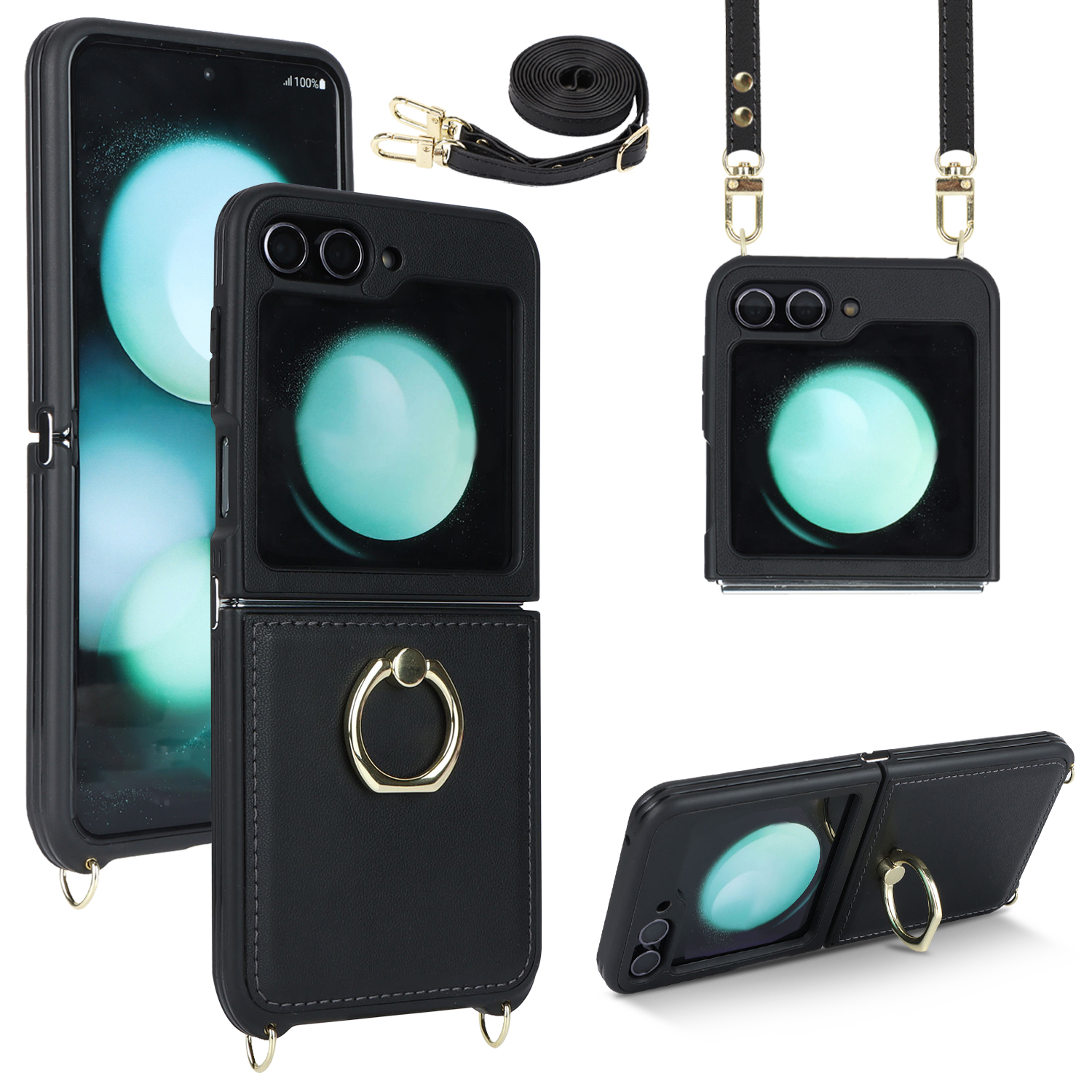 

Für Samsung Galaxy Z Flip5 5G Hülle Ring Kickstand R20 Textur Leder + PC Rückenabdeckung - Schwarz, Galaxy Z Flip5 5G