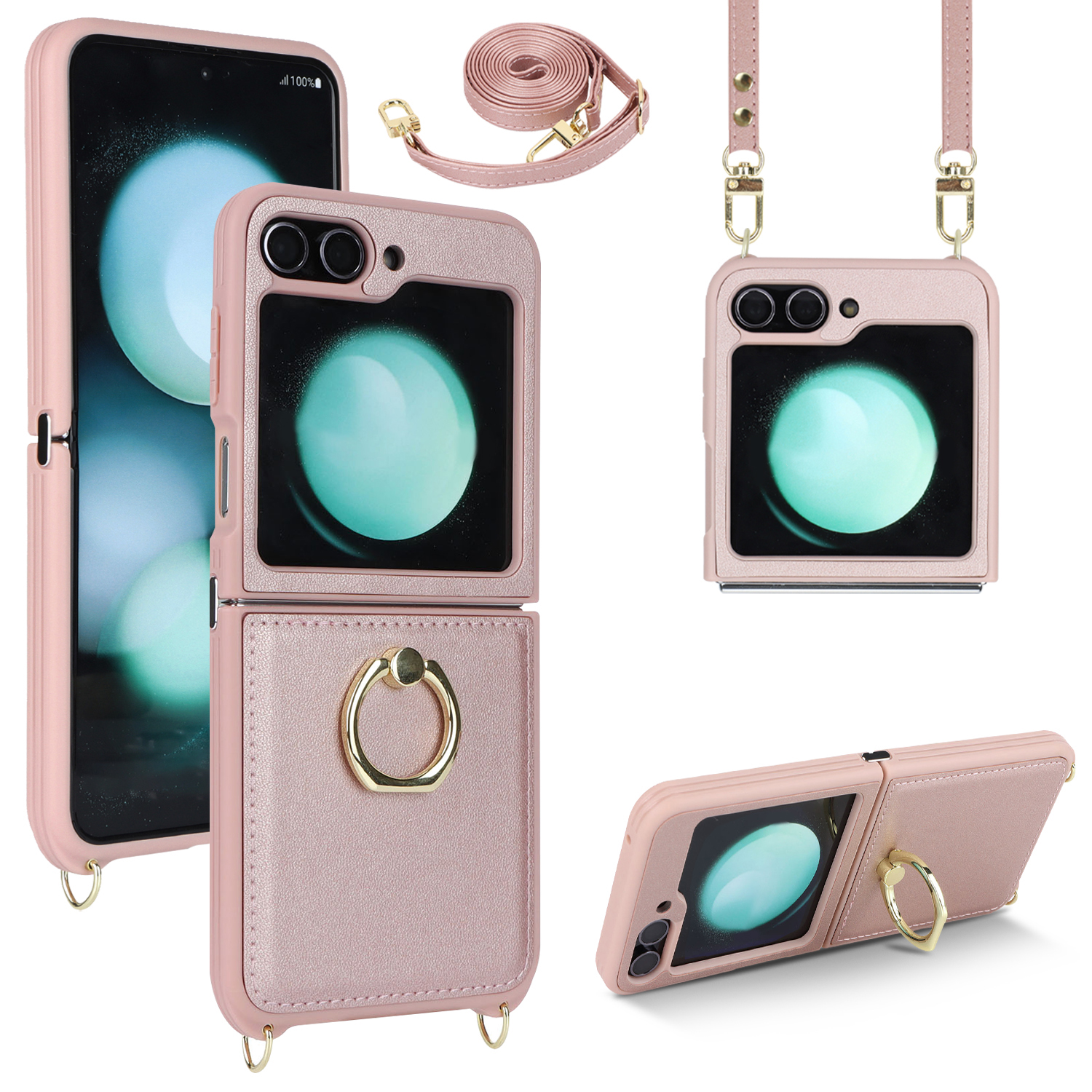

Für Samsung Galaxy Z Flip5 5G Hülle Ring Kickstand R20 Textur Leder + PC Rückenabdeckung - Rosa, Galaxy Z Flip5 5G