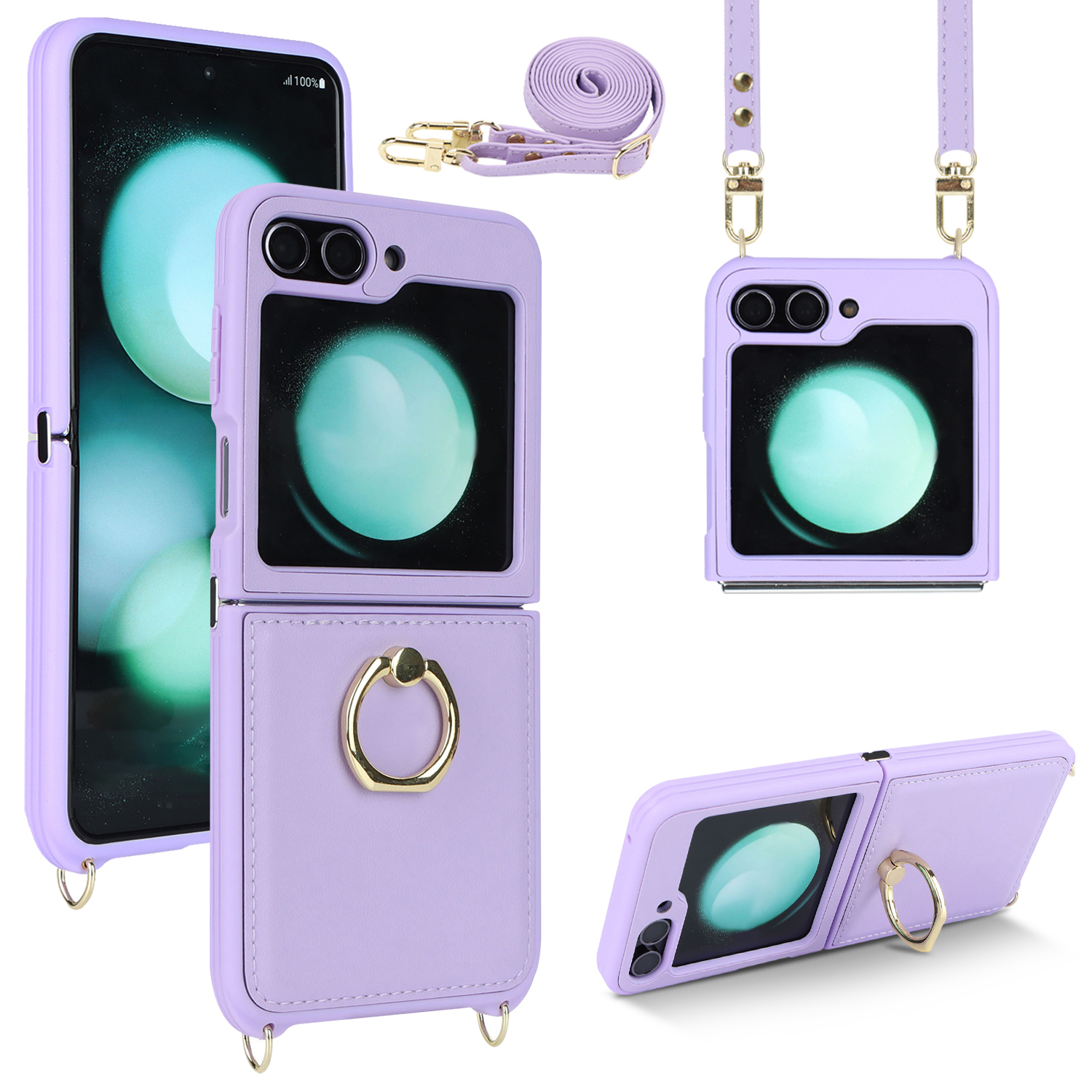 

Für Samsung Galaxy Z Flip5 5G Hülle Ring Kickstand R20 Textur Leder + PC Rückenabdeckung - Lila, Galaxy Z Flip5 5G