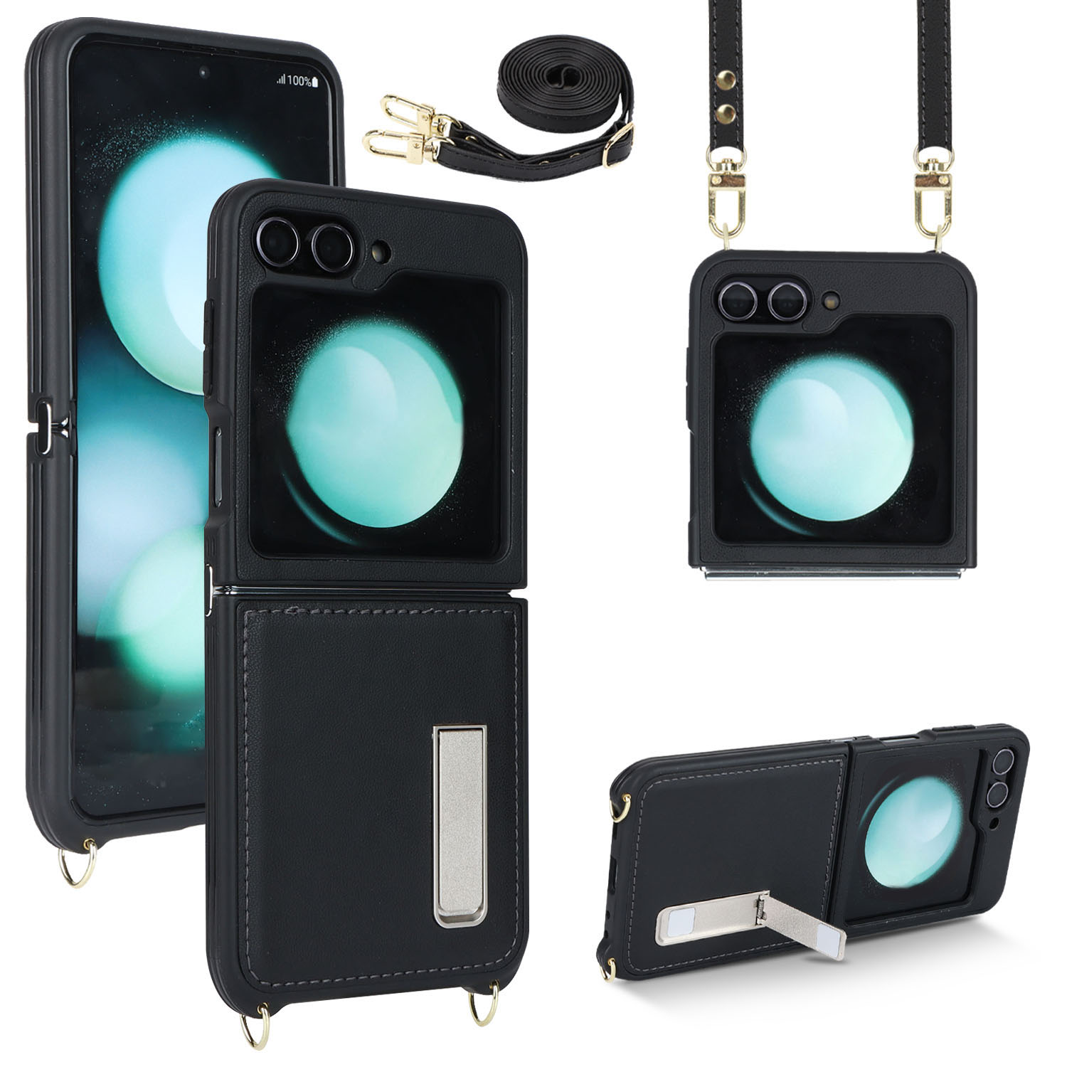 

Für Samsung Galaxy Z Flip5 5G Hülle R20 Textur Leder + PC Kickstand Cover - Schwarz, Galaxy Z Flip5 5G
