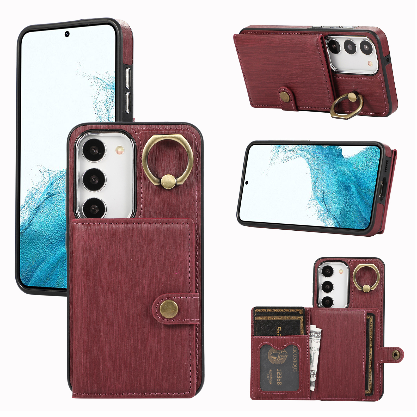 

Für Samsung Galaxy S23+ Kickstand -hülle Gebürstete Pu+ Tpu -brieftasche Telefonabdeckung - Weinrot, Galaxy S23+
