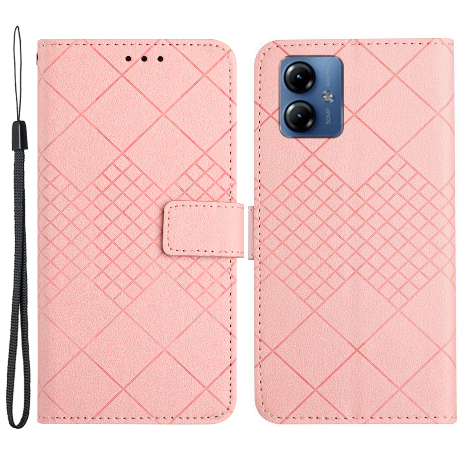 

HT06 Für Motorola Moto G14 4G Hülle Rhombus Eingeprägter Brieftaschen -flip -telefonabdeckung - Rosa, Motorola Moto G14 4G