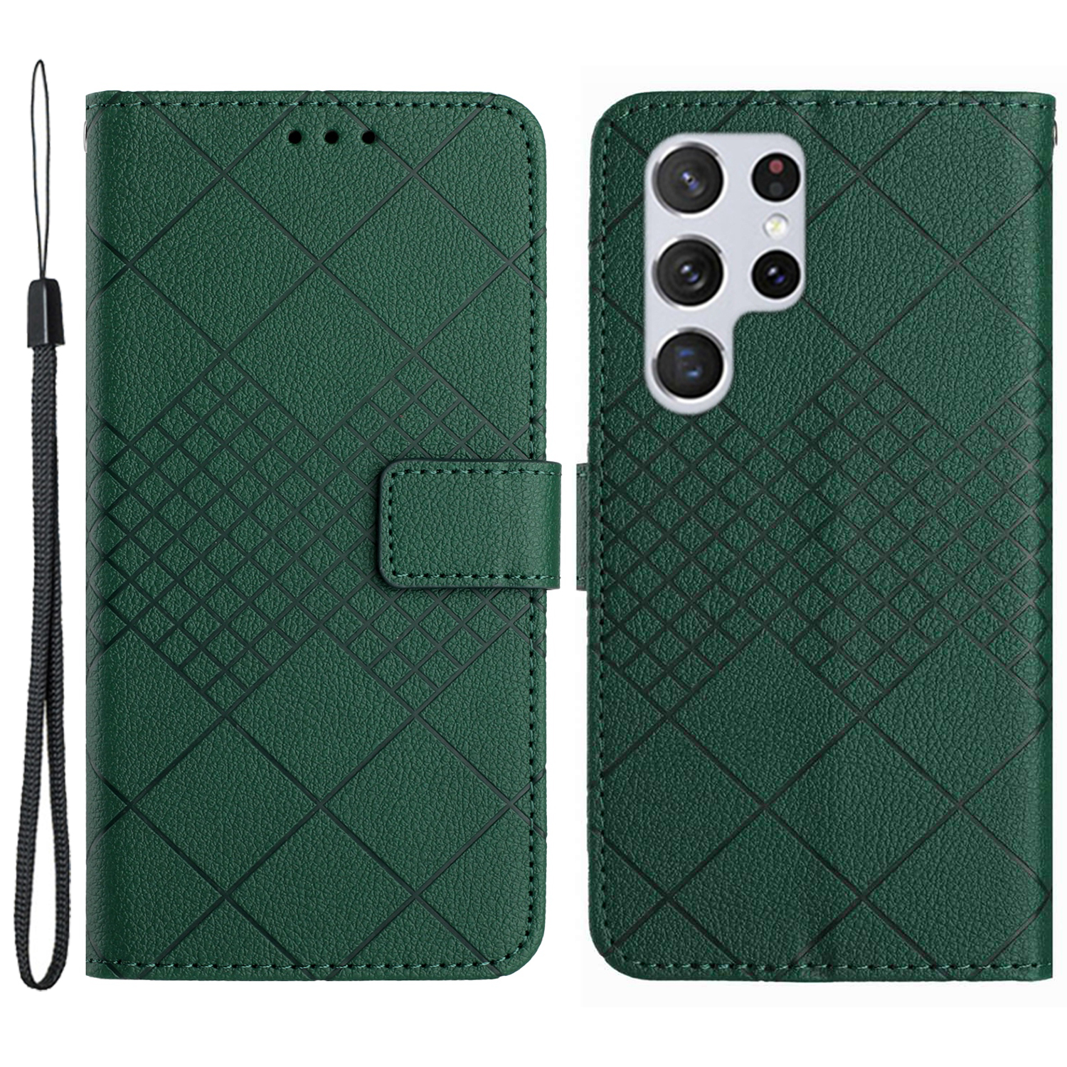 

HT06 Für Samsung Galaxy S24 Ultra Case Litchi Textur Rhombus Eingeprägter Brieftaschenabdeckung - Grün, Galaxy S24 Ultra