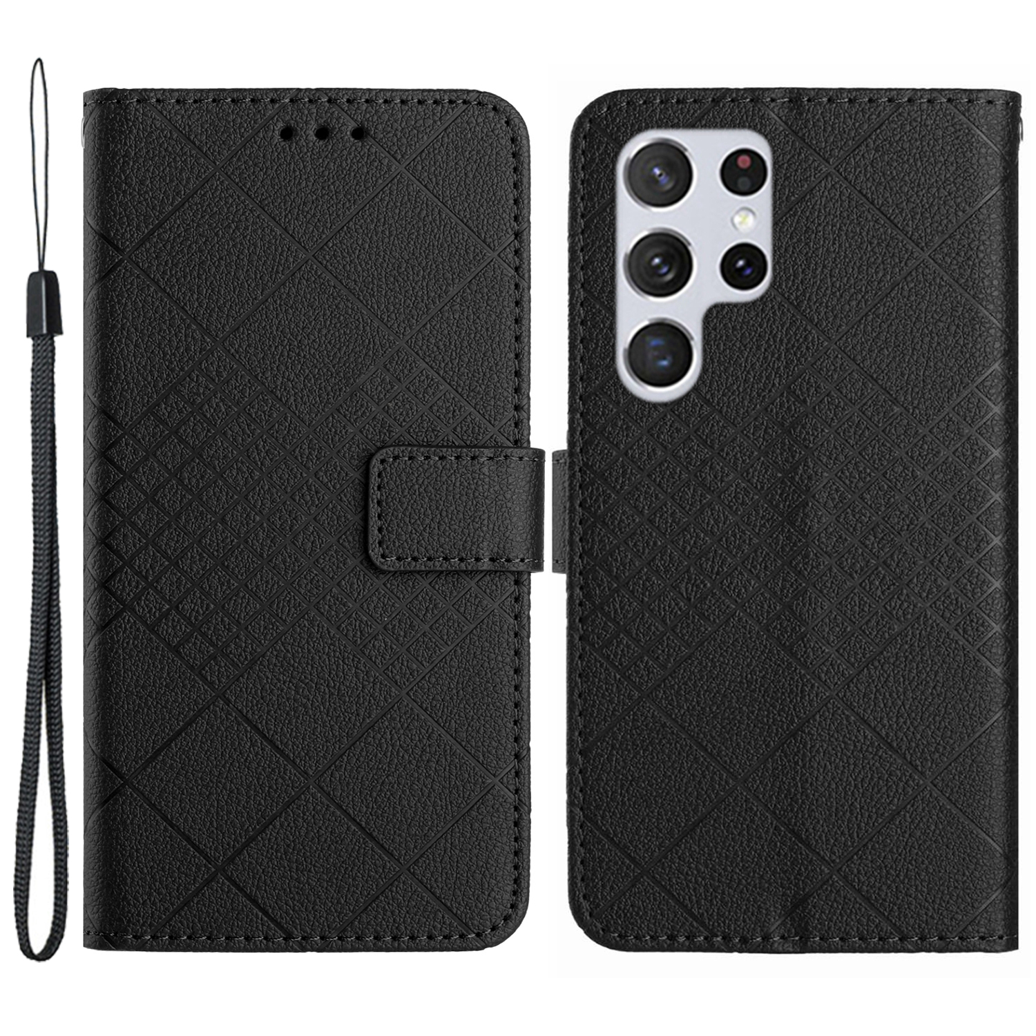 

HT06 Für Samsung Galaxy S24 Ultra Case Litchi Textur Rhombus Eingeprägter Brieftaschenabdeckung - Schwarz, Galaxy S24 Ultra