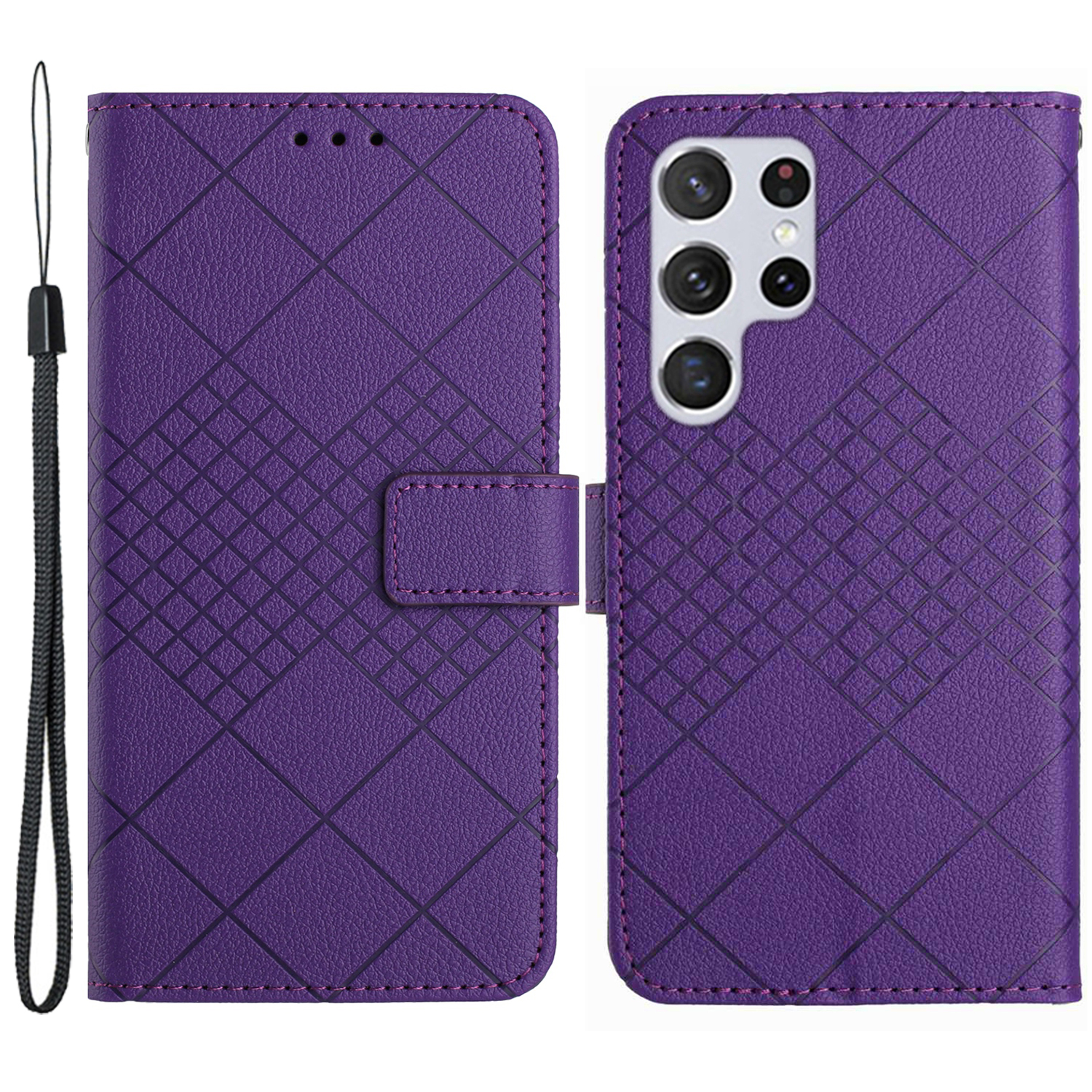 

HT06 Für Samsung Galaxy S24 Ultra Case Litchi Textur Rhombus Eingeprägter Brieftaschenabdeckung - Dunkelviolett, Galaxy S24 Ultra