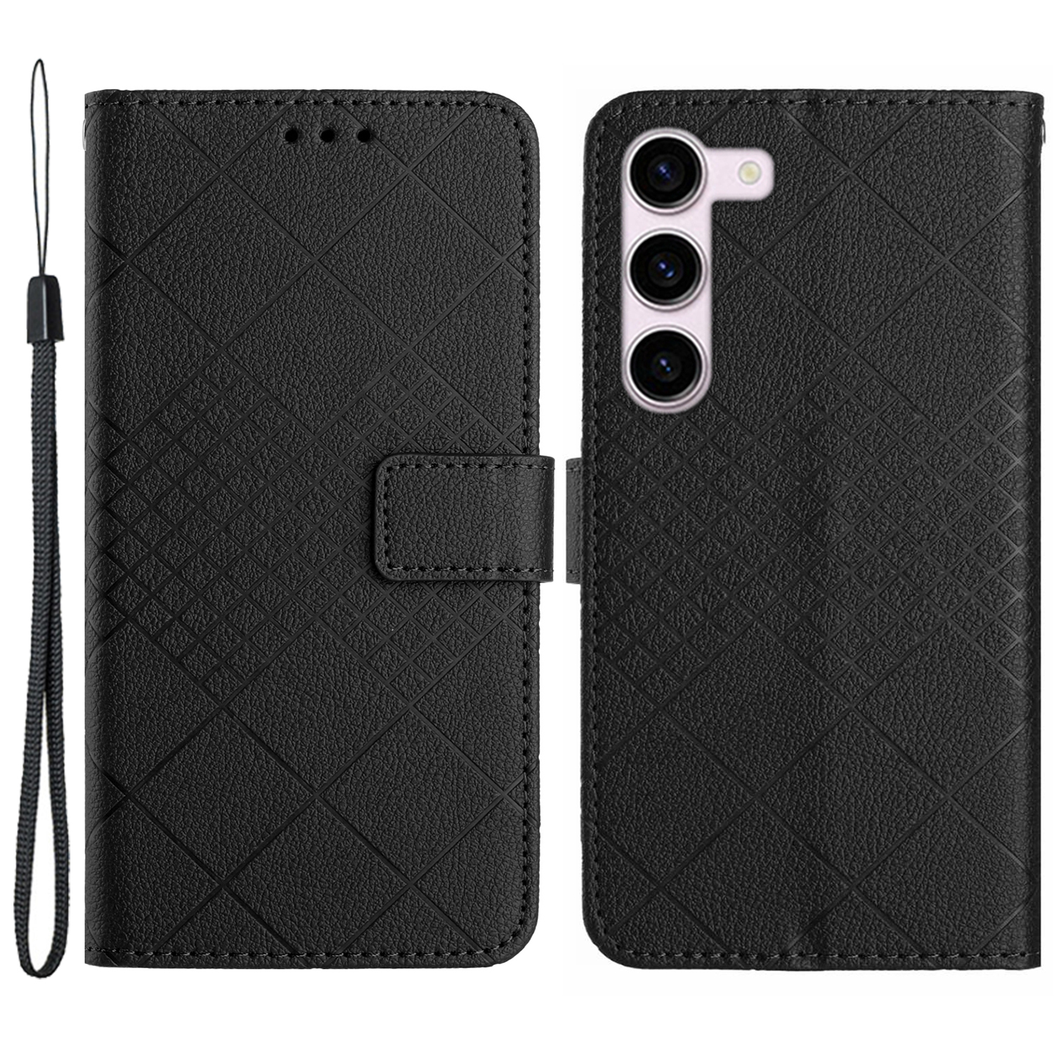 

HT06 Für Samsung Galaxy S23 Hülle PU Leder Rhombus Muster Ständer Mobiltelefonabdeckung - Schwarz, Galaxy S23