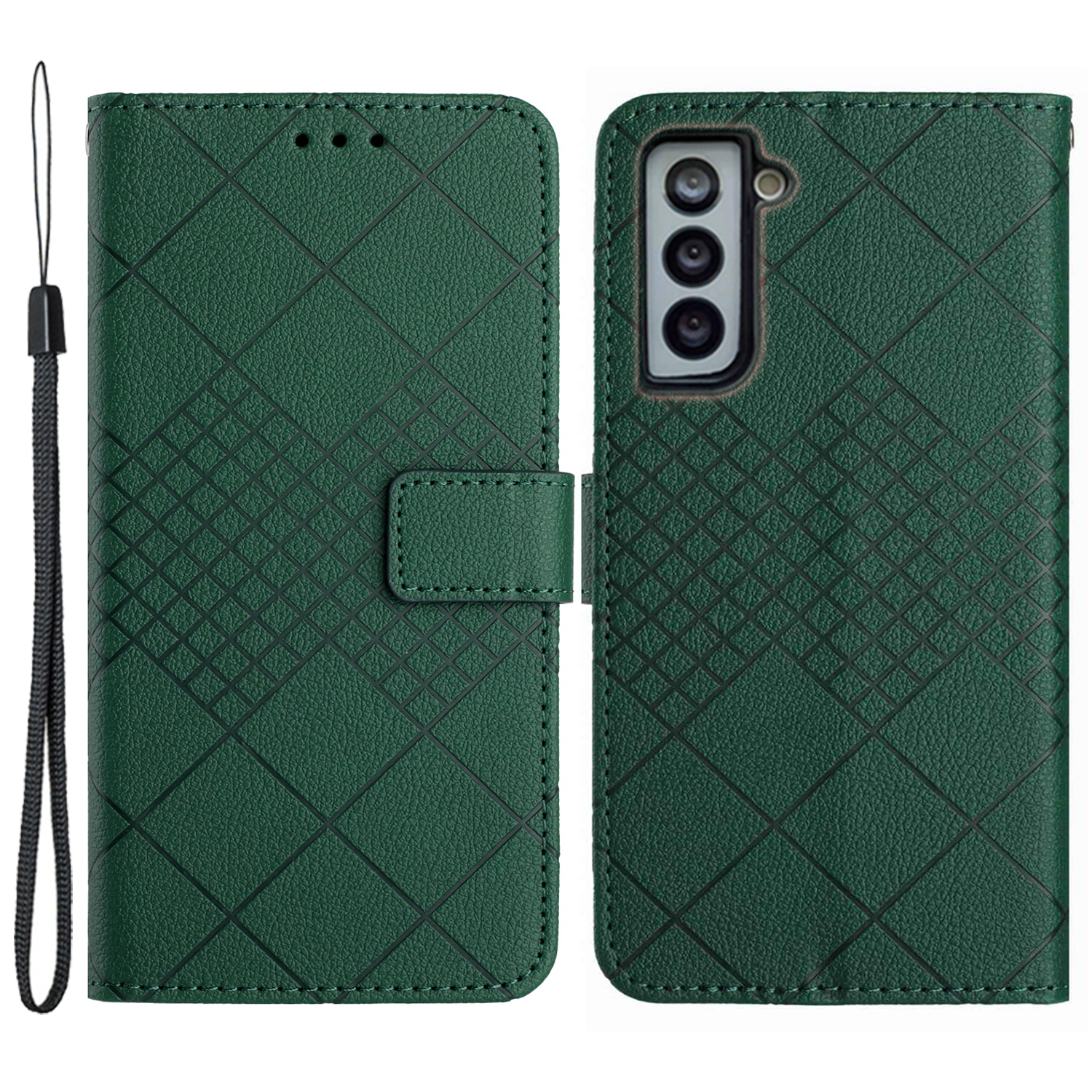 

HT06 Für Samsung Galaxy S21 fe 5G Hülle PU Leder Rhombus Muster Impress - Grün, Galaxy S21 FE 5G