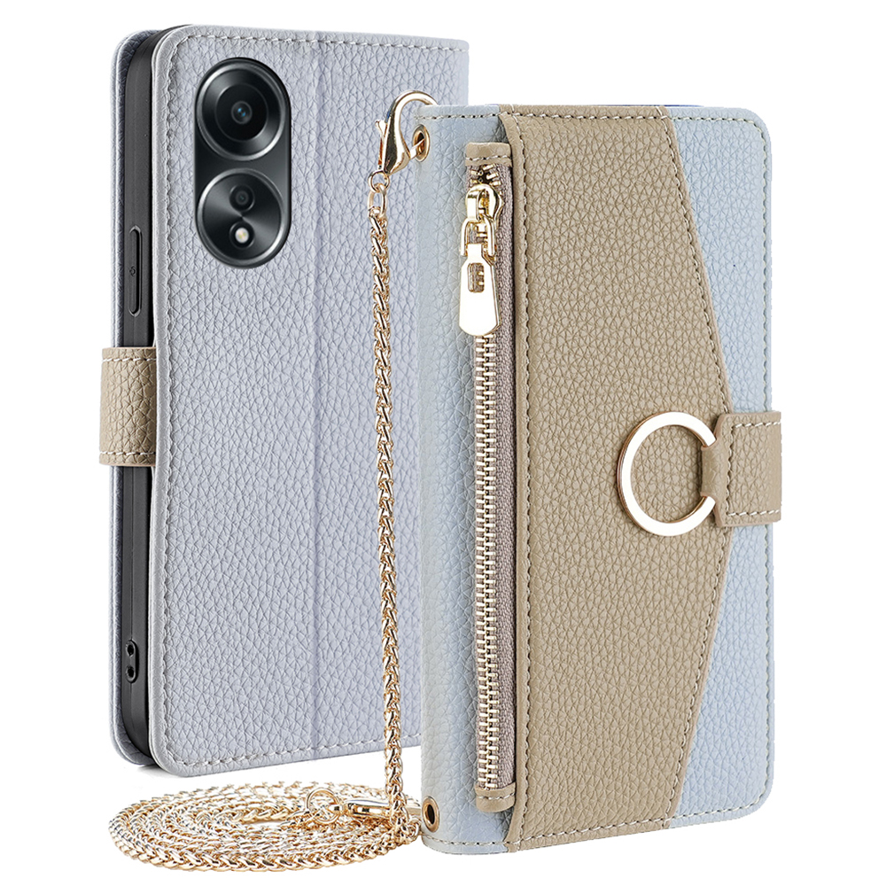 

Für Oppo A58 4G Hülle Stand PU Leder Reißverschluss Pocket Make -up Mirror Telefonabdeckung - Blau, Oppo A58 4G