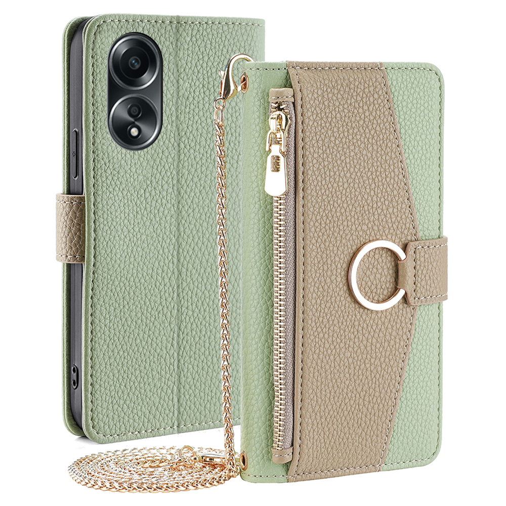 

Für Oppo A58 4G Hülle Stand PU Leder Reißverschluss Pocket Make -up Mirror Telefonabdeckung - Grün, Oppo A58 4G