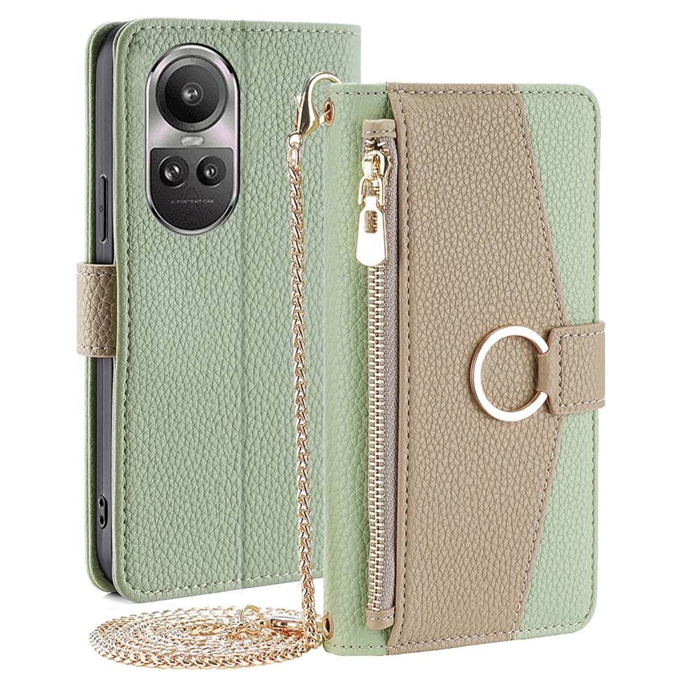 

Für Oppo Reno10 5G (global) / Reno10 Pro 5G (global) Hülle PU Leather Telefonabdeckung im Makeup -spiegel - Grün, Oppo Reno10 5G (Global)