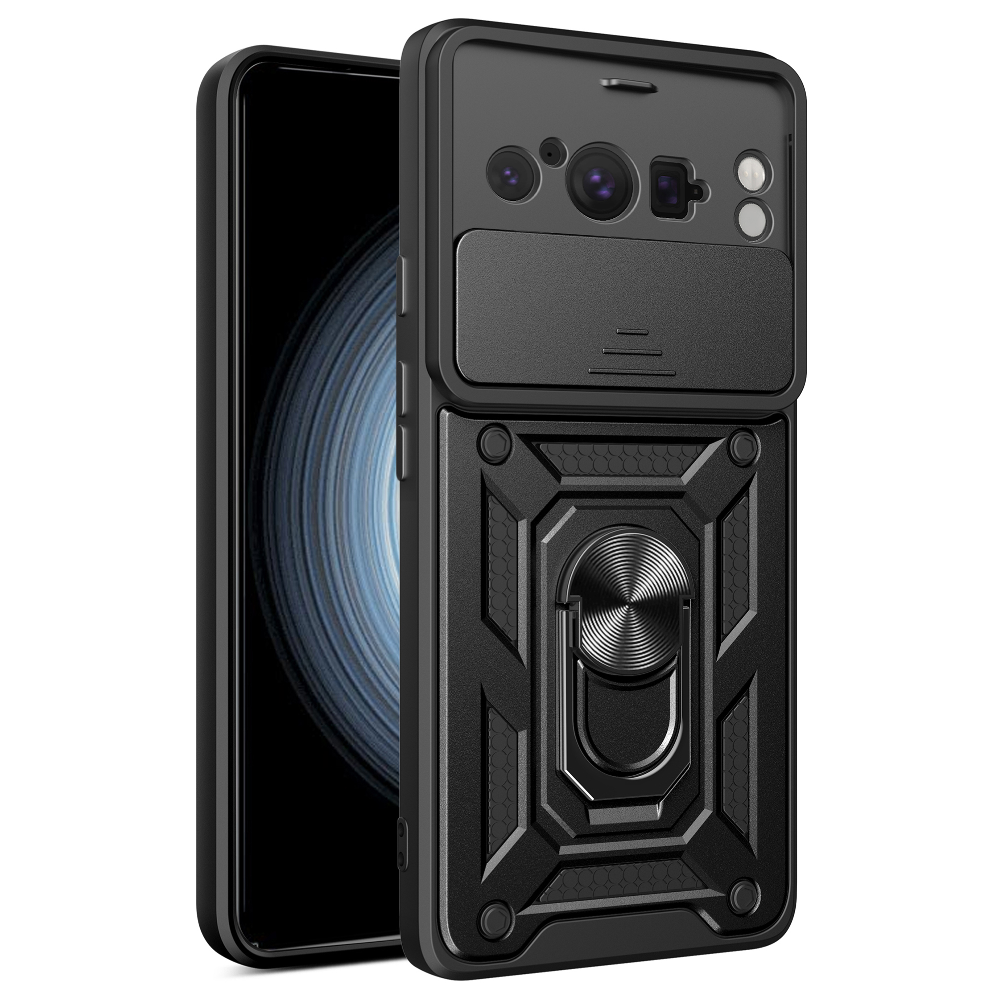 

Für Google Pixel 8 Pro Case Heck Objektivschutz PC+TPU Anti-scratch-telefonabdeckung Mit Kickstand - Schwarz, Google Pixel 8 Pro