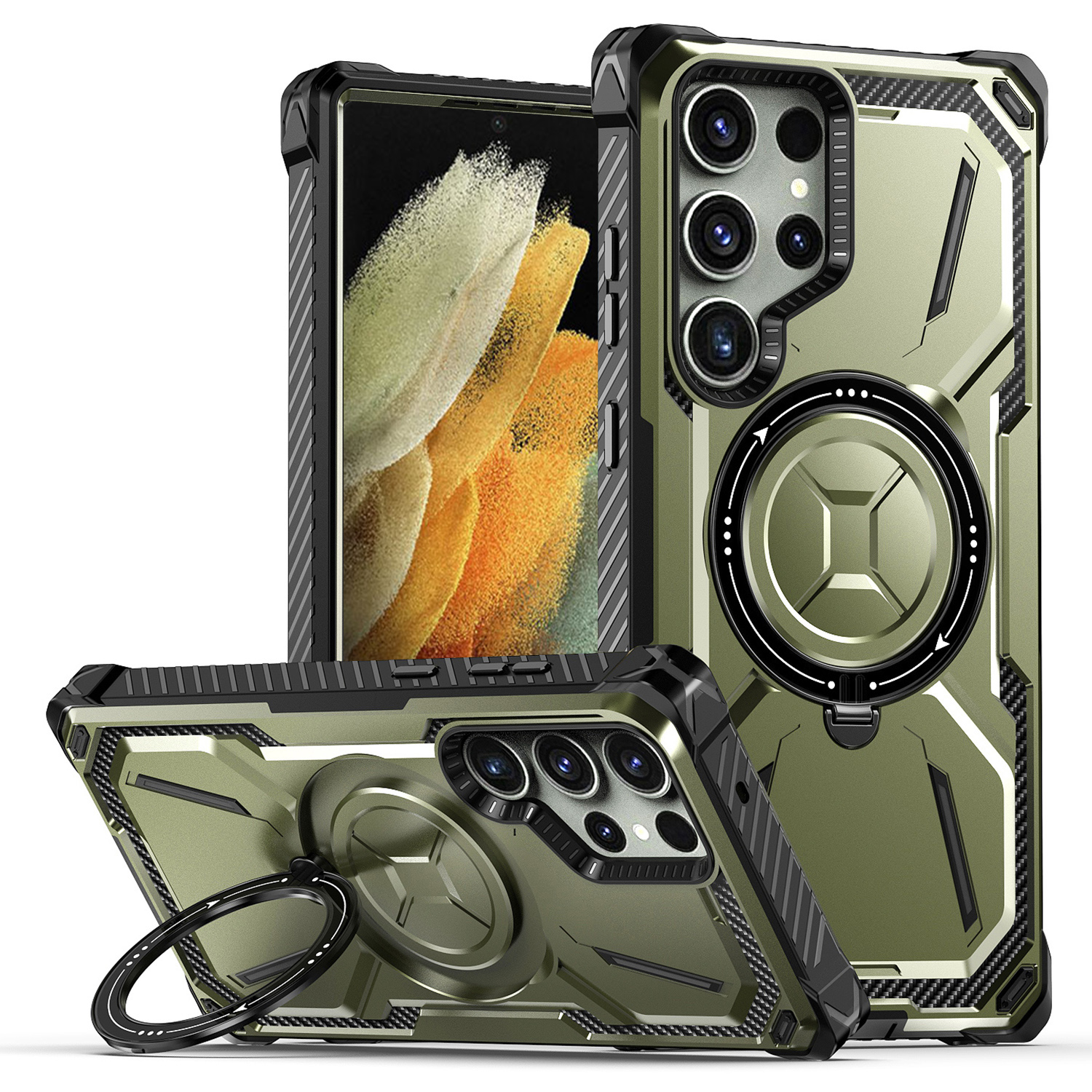

Für Samsung Galaxy S21 Ultra 5G -hülle PC+TPU Magnetic Kickstand Telefonabdeckung - Armeegrün, Galaxy S21 Ultra 5G