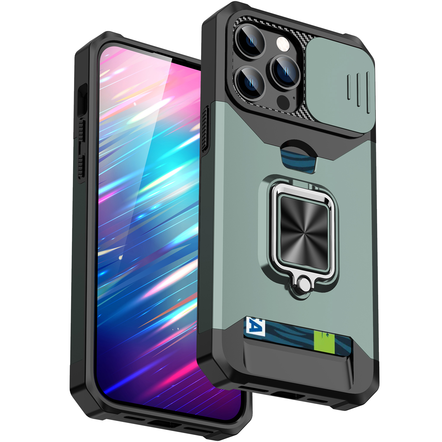 For iPhone 15 Pro Max Case Slide Lens Protection PC+TPU Phone Shell Cover with Card Slot - Blackish Green