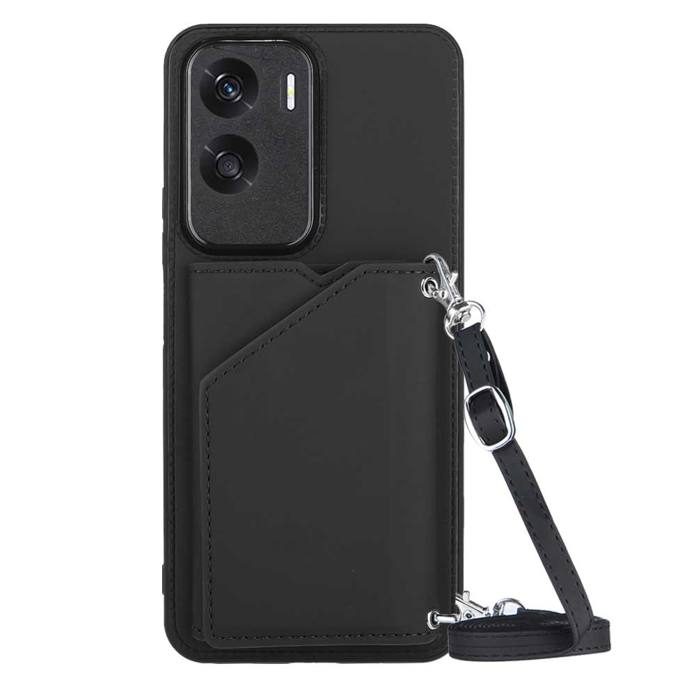 For Honor 90 Lite 5G / X50i 5G Case Card Holder Kickstand Phone Back Cover with Shoulder Strap - Black