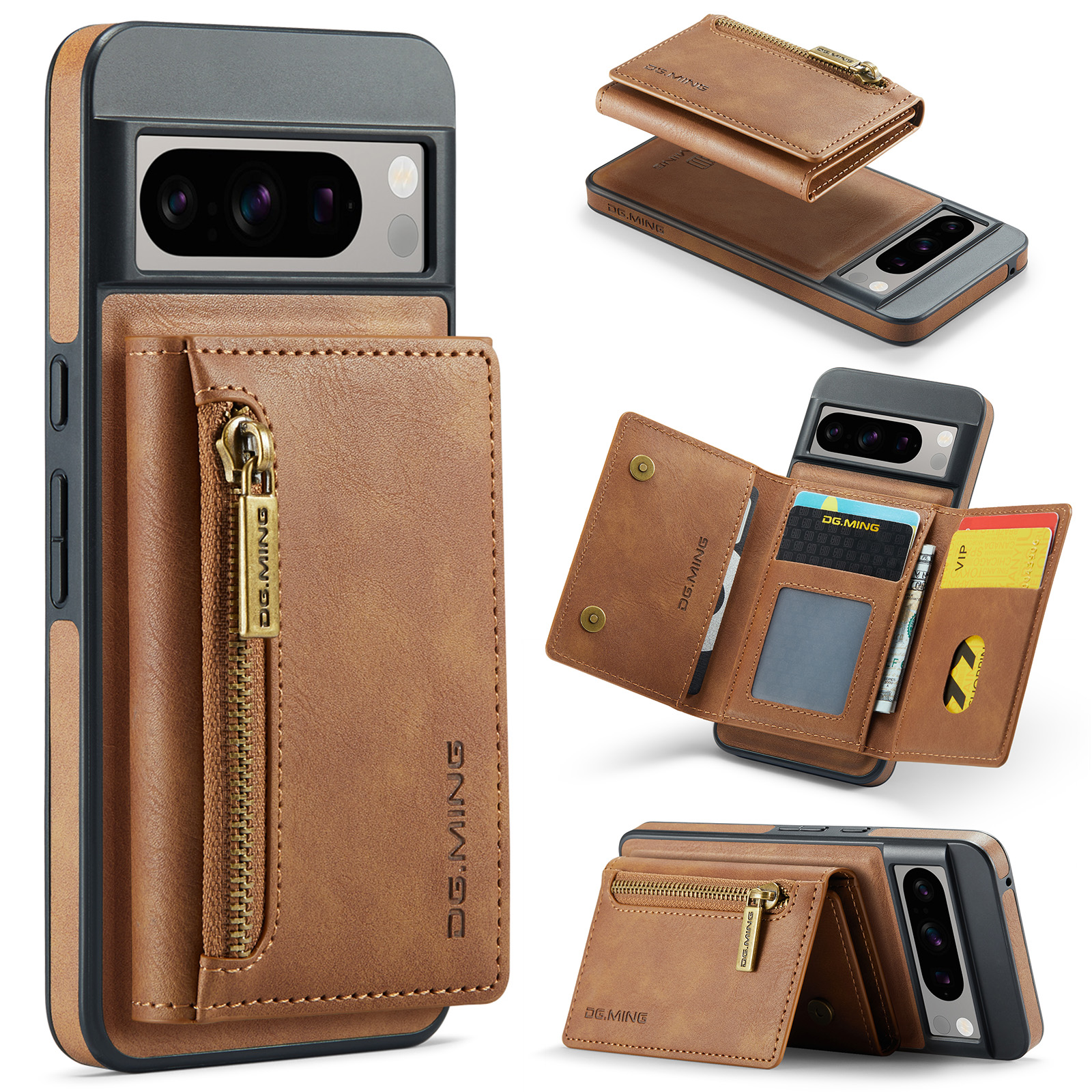 

Dg. Ming M5 -serie Für Google Pixel 8 Pro Phone Case RFID Blockierende Reißverschlüsse Pocket Zurück - Braun, Google Pixel 8 Pro