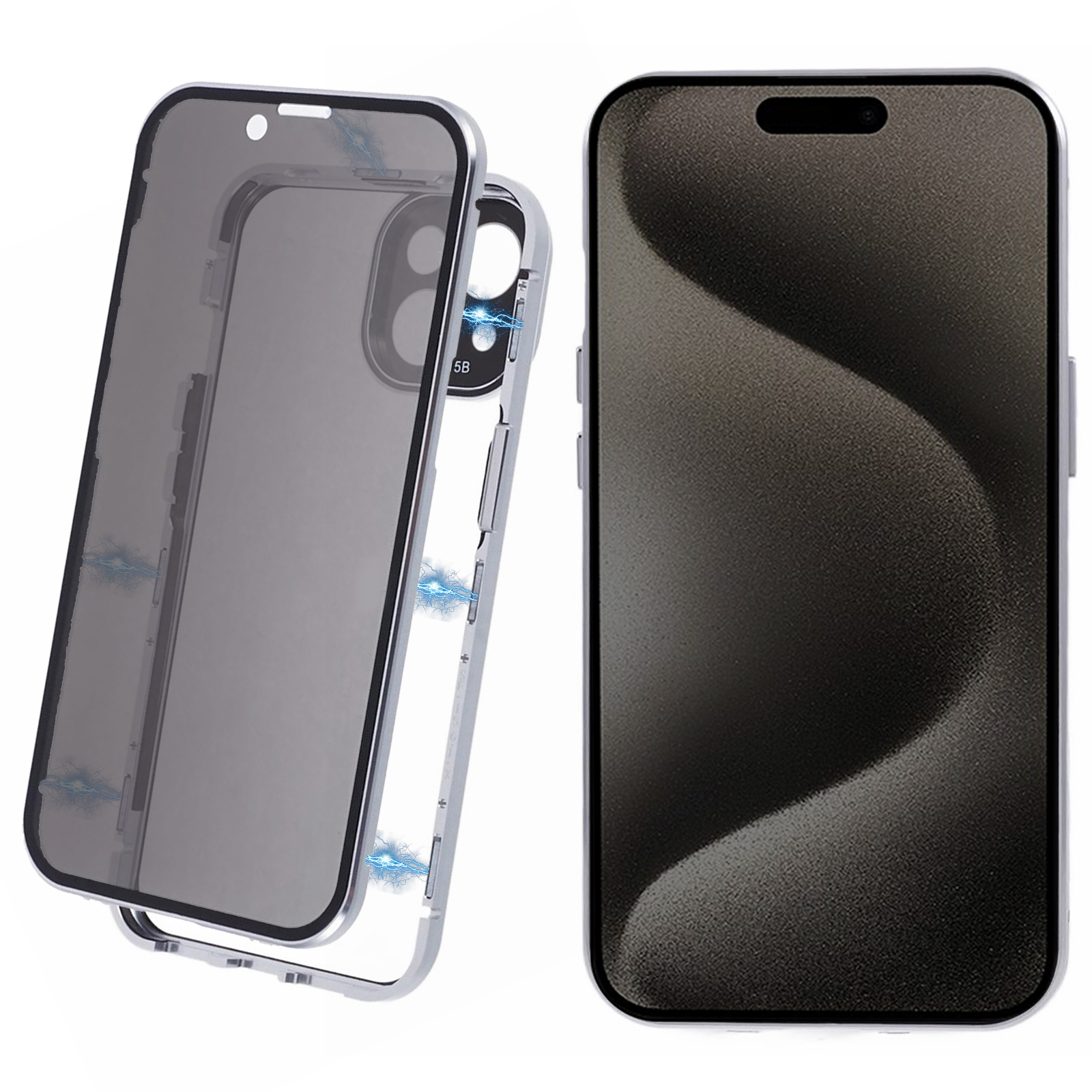 For iPhone 15 Magnetic Adsorption Case Metal Bumper Tempered Glass Privacy Cover - Black