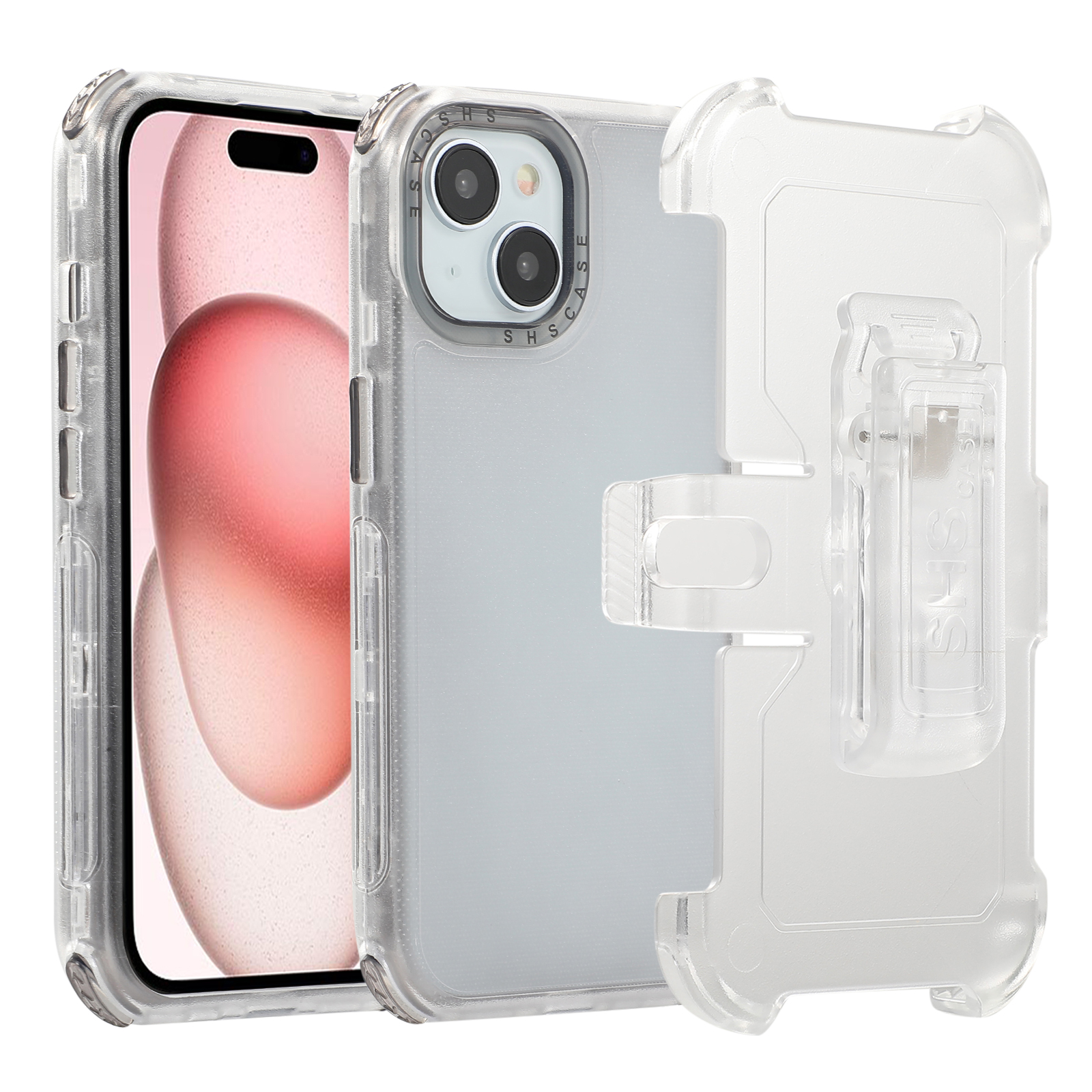 For iPhone 15 Matte Phone Cover Slide Holster Cover Belt Clip Kickstand - Transparent Black