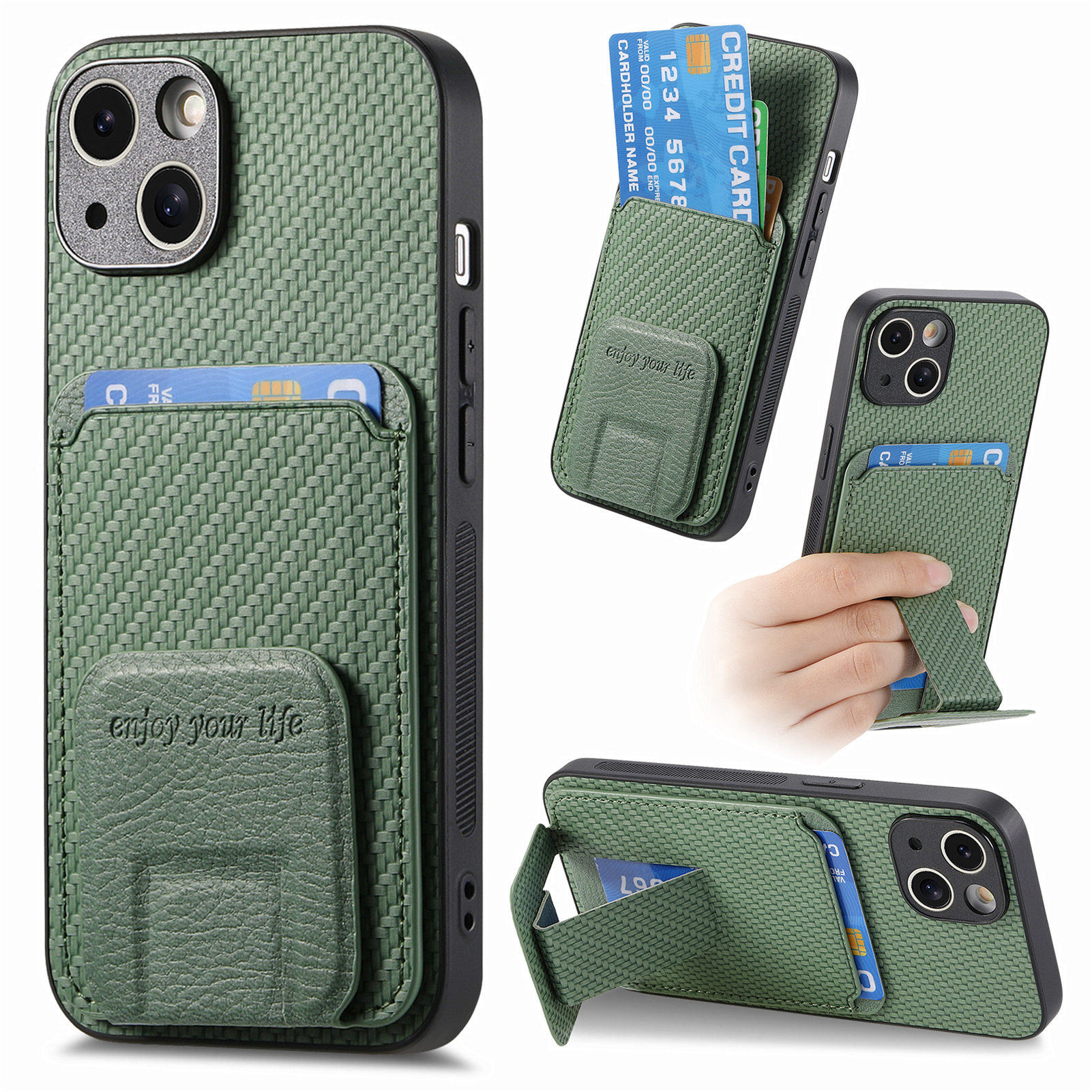 C1-11 for iPhone 13 6.1 inch Case Leather Coated TPU Phone Protector with Kickstand and Card Slot - Green