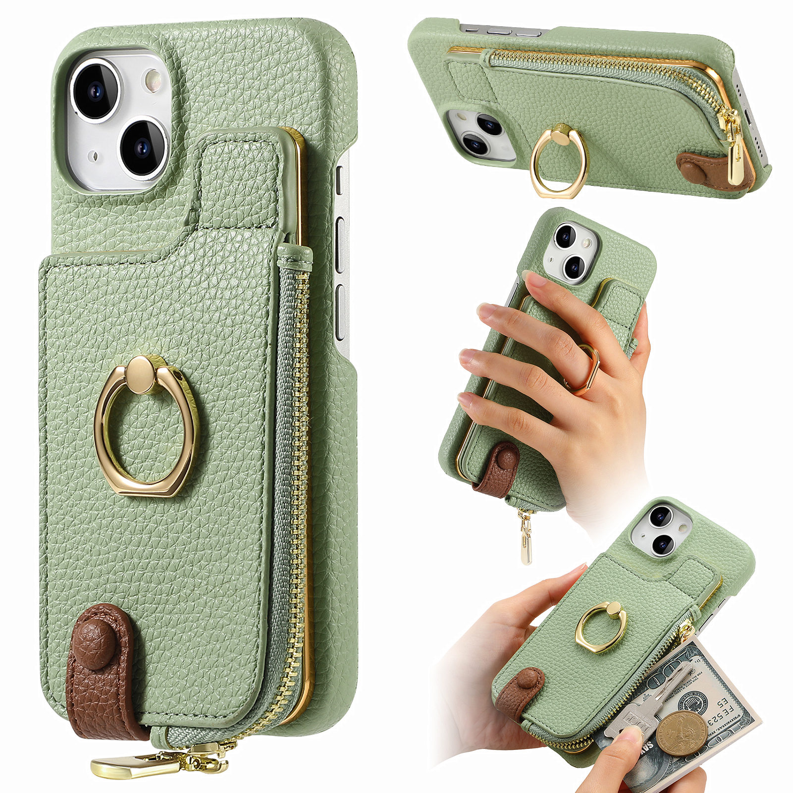 Y3 for iPhone 13 Wallet Case Ring Kickstand Zipper Purse Phone Cover - Mint Green