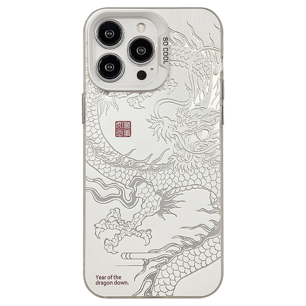 For iPhone 13 Pro Case Phone Back Cover with Chinese Dragon Laser Printing - Silver  /  White