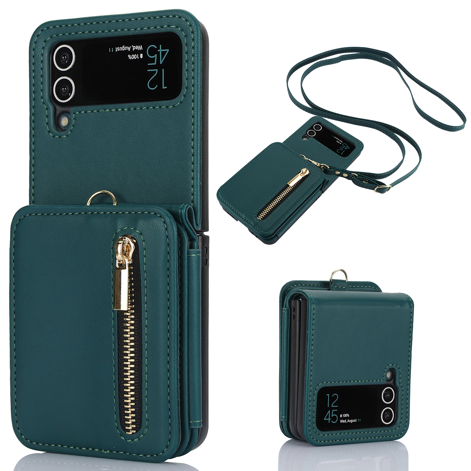 For Samsung Galaxy Z Flip4 5G Crossbody Phone Case RFID Blocking Cover Zipper Pocket - Blackish Green