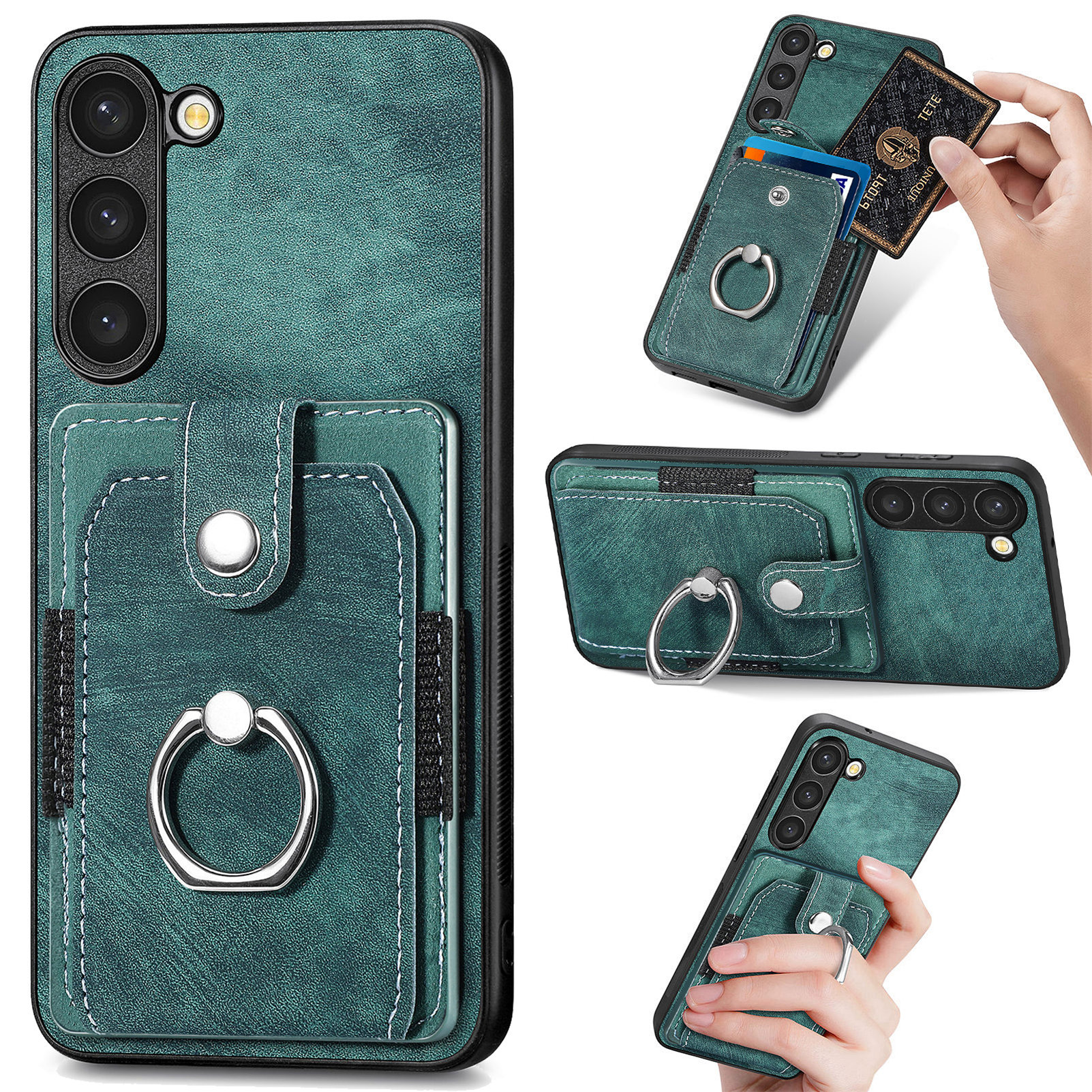 D2 For Samsung Galaxy S23 Case Ring Kickstand Leather+TPU Phone Cover with Card Holder - Green