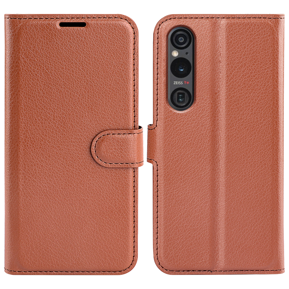 For Sony Xperia 1 VI Magnetic Case PU Leather Litchi Texture Phone Stand Cover - Brown