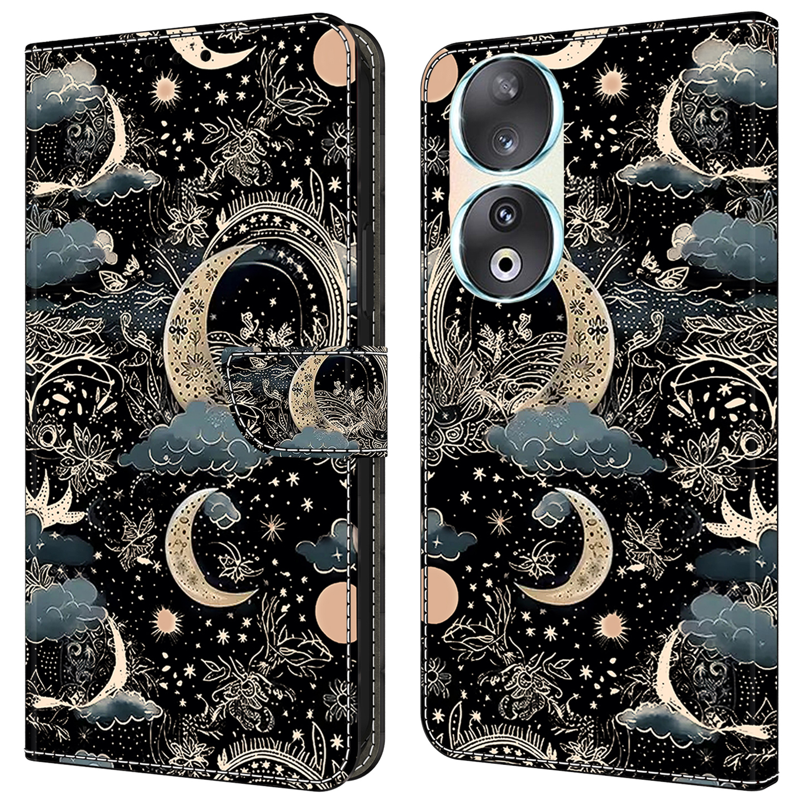 For Honor 90 Phone Case Pattern Print Magnetic Clasp Scratch-resistant Leather Cover - Moon
