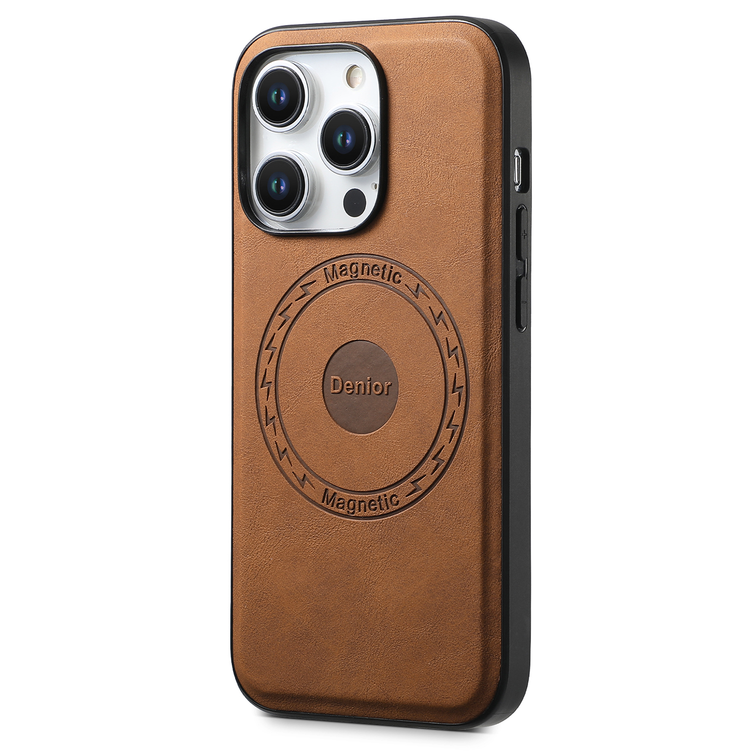 DENIOR A11 For iPhone 15 Pro Case Leather Coated TPU+PC Magnetic Drop-proof Phone Cover - Brown
