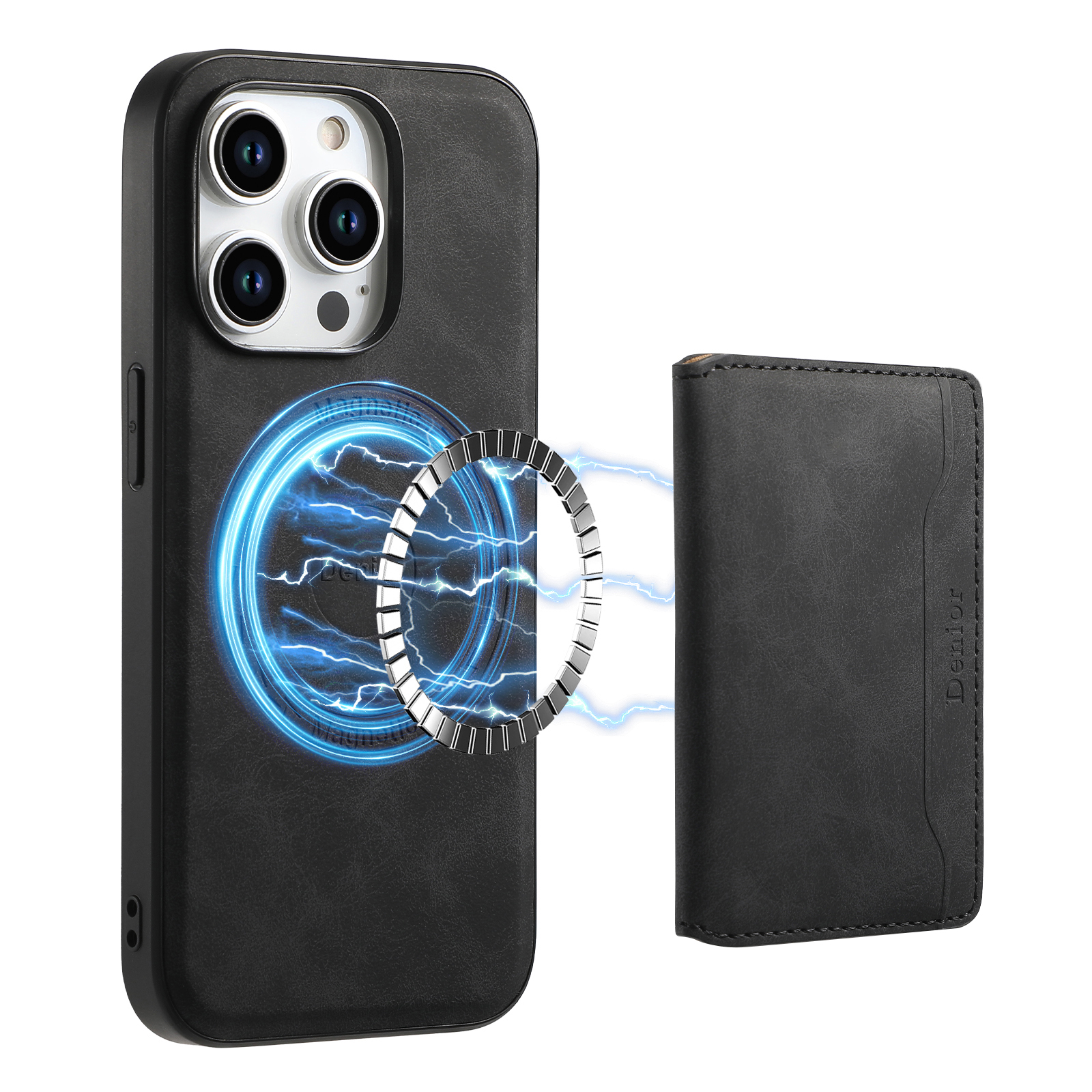 DENIOR D13 For iPhone 15 Pro Cases Leather+TPU+PC Phone Cover Compatible with Magsafe - Black