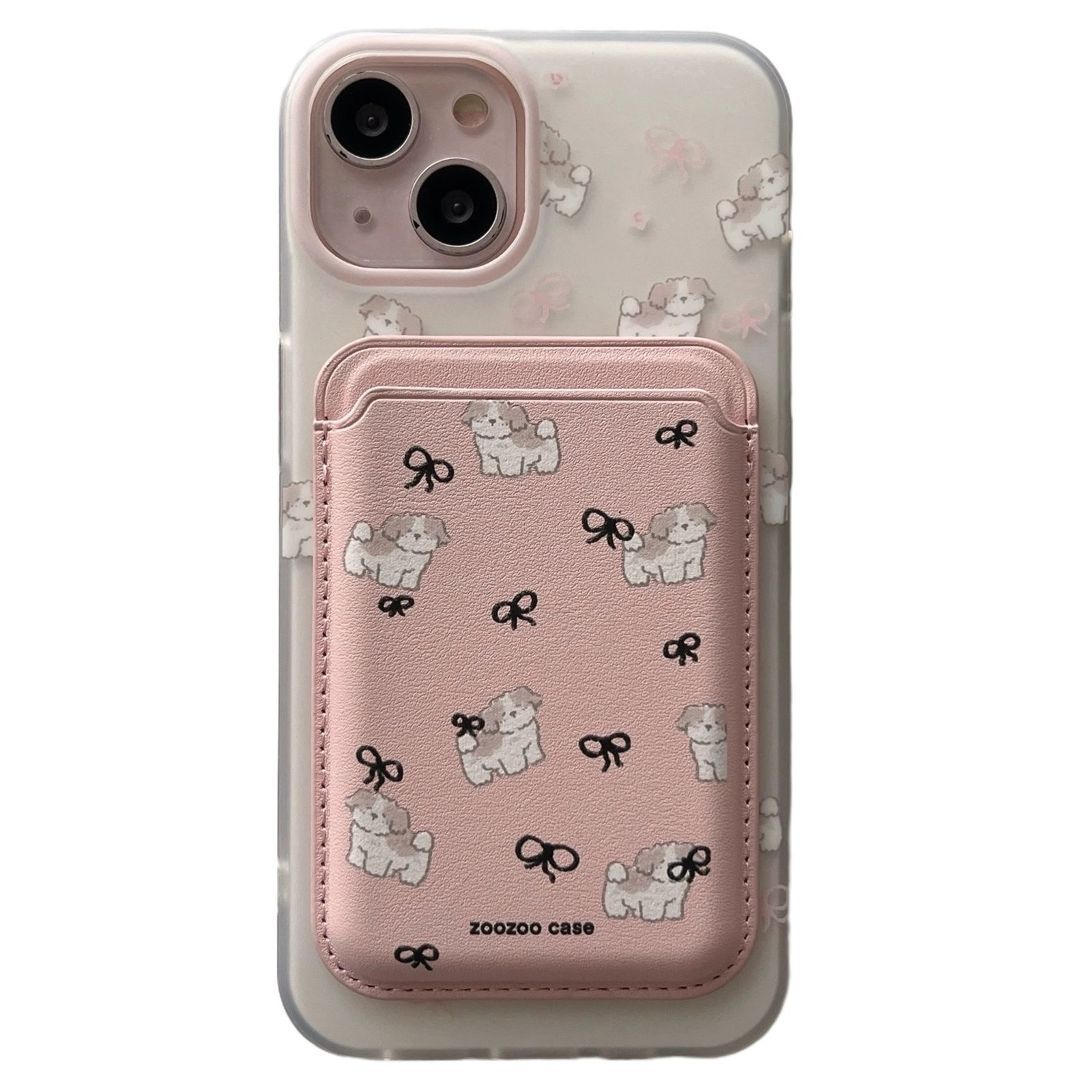 For iPhone 14 Case Dog Pattern IMD TPU Phone Cover with Pink Magnetic Card Bag