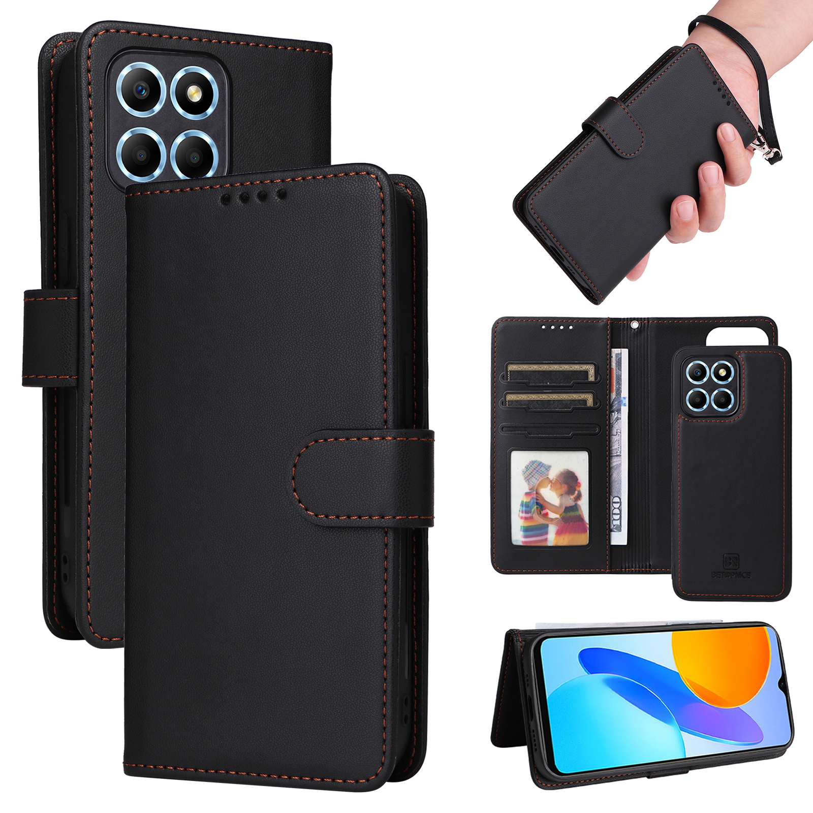 For Honor X8 5G / X6 4G / Play6C 4G / X6s 4G / 70 Lite / X8a 5G Magnetic Case BETOPNICE Detachable PU Leather Phone Cover with Strap - Black