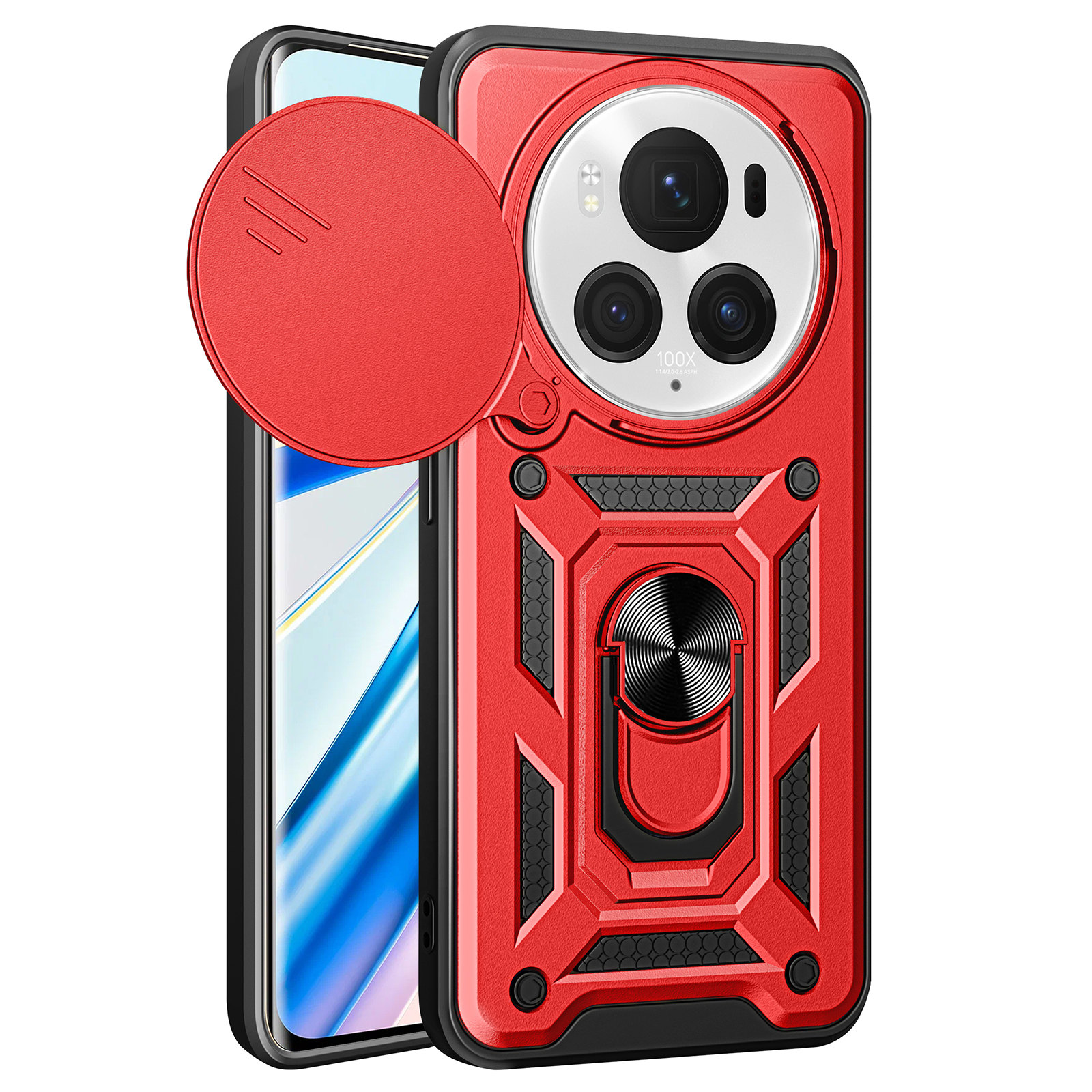 For Honor Magic6 Pro 5G Case Kickstand PC+TPU Phone Cover with Slide Lens Window - Red