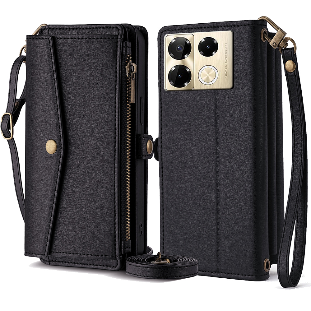 For Infinix Note 40 Pro 4G Case Zipper Pocket Flip Leather Phone Cover with 2 Straps - Black