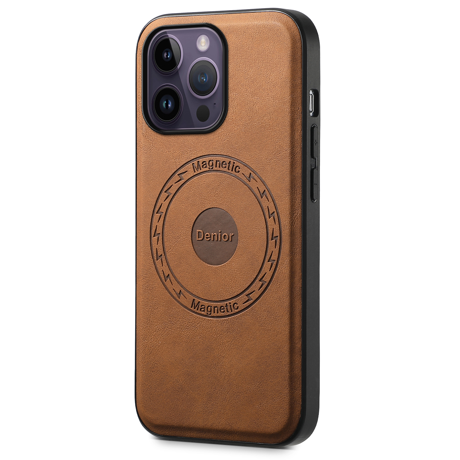 DENIOR A11 For iPhone 14 Pro Magnetic Phone Case Retro PU+PC+TPU Shockproof Cover - Brown