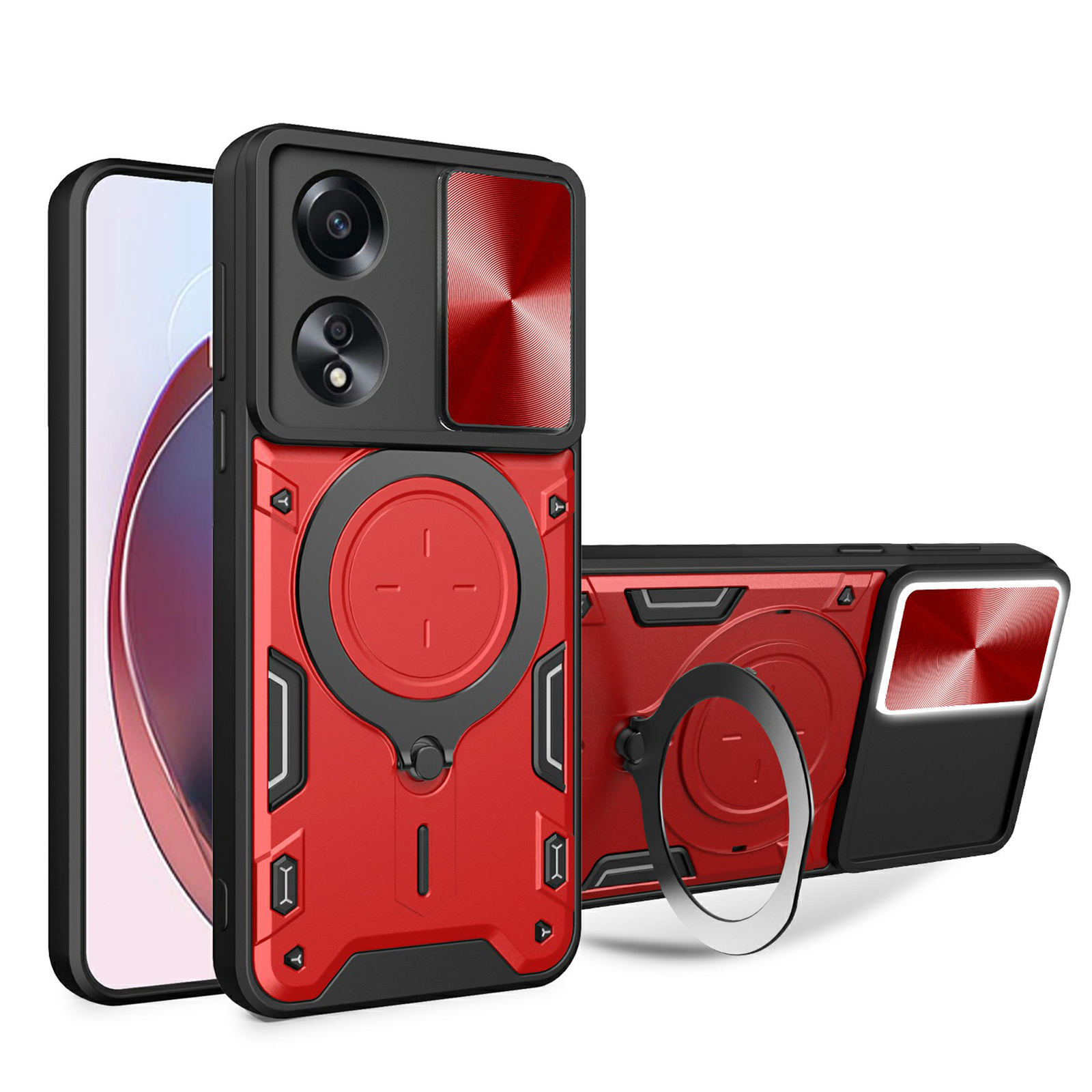 For Oppo A58 4G Case Sliding Camshield Kickstand TPU+PC Impact-Resistant Phone Cover - Red
