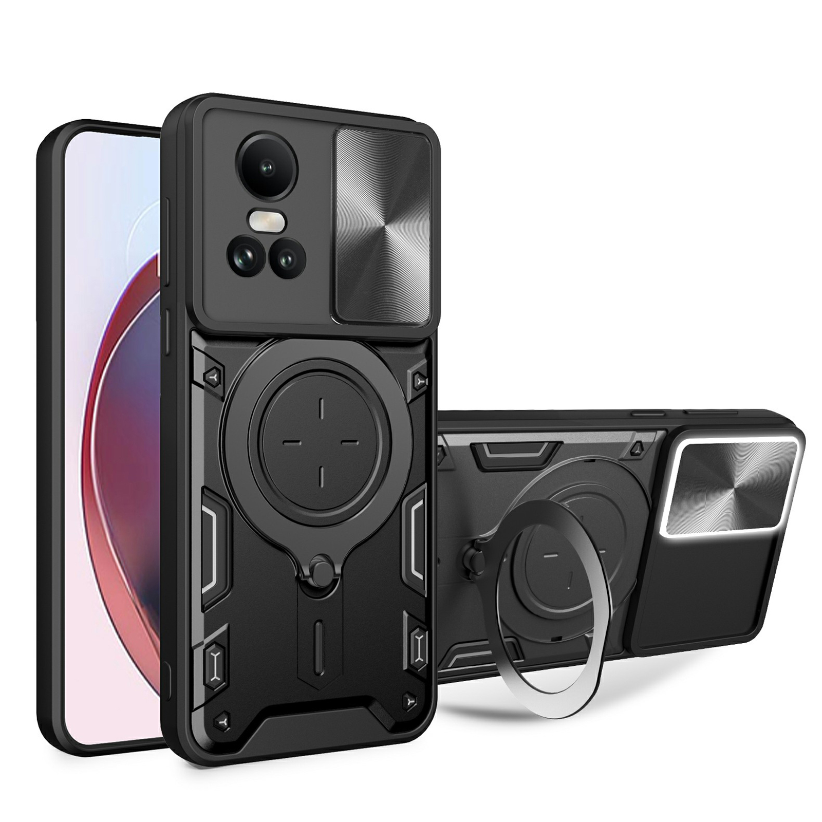 For Oppo Reno10 5G (Global) / Reno10 Pro 5G (Global) Case TPU+PC Phone Cases with Kickstand, Slide Lens Window - Black