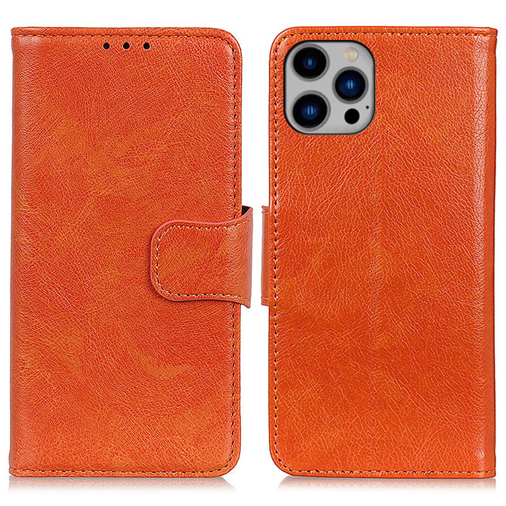 For iPhone 16 Pro Max Case Nappa Texture Split Leather Cover with Wallet Stand - Orange