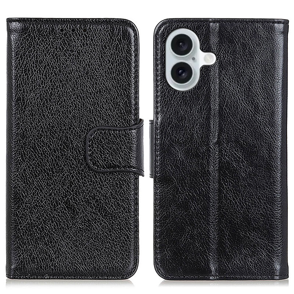 For iPhone 16 Case Nappa Texture Wallet Stand Split Leather Phone Cover - Black