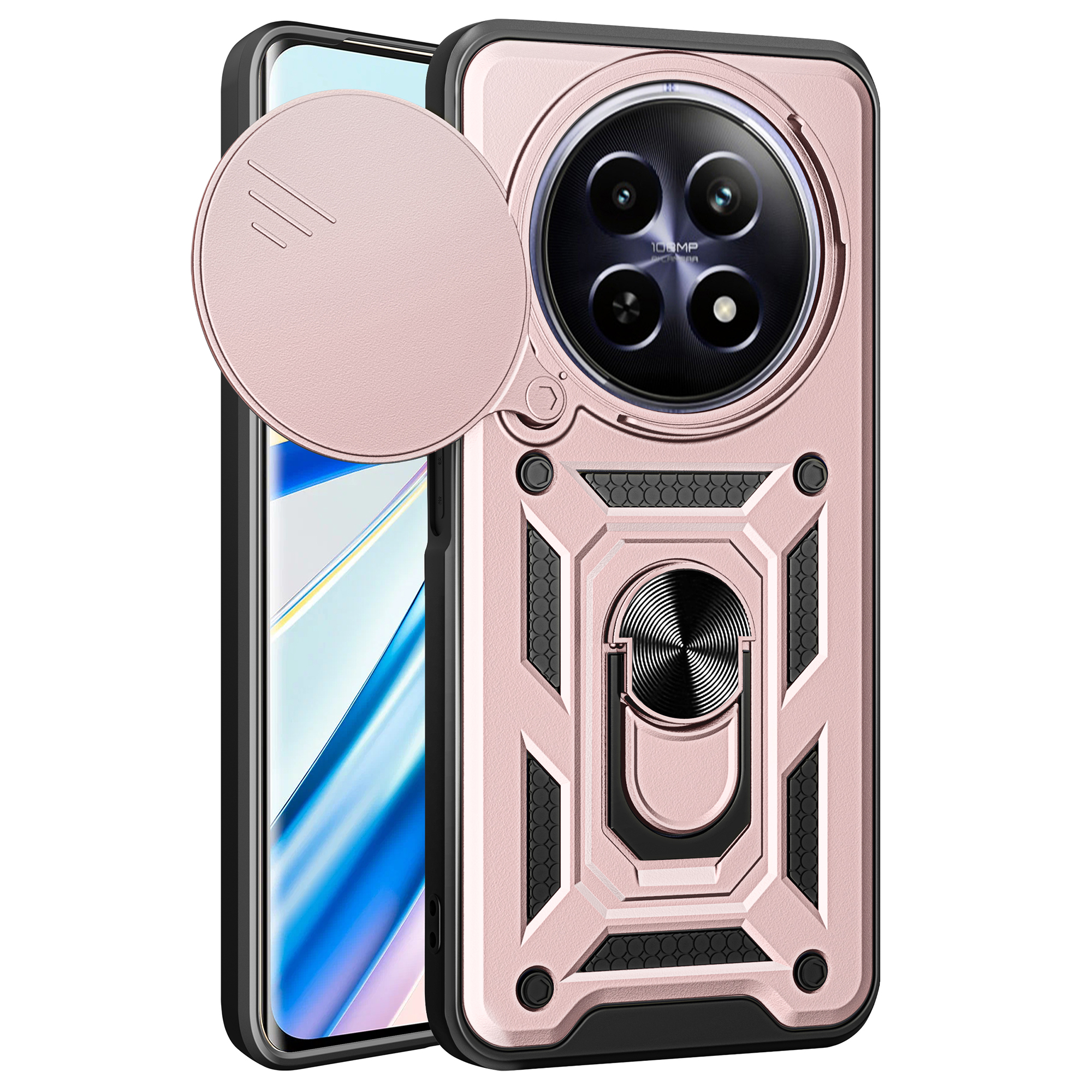 For Realme 12 5G Case Camera Lens Slide Design PC+TPU Phone Cover with Ring Holder - Rose Gold