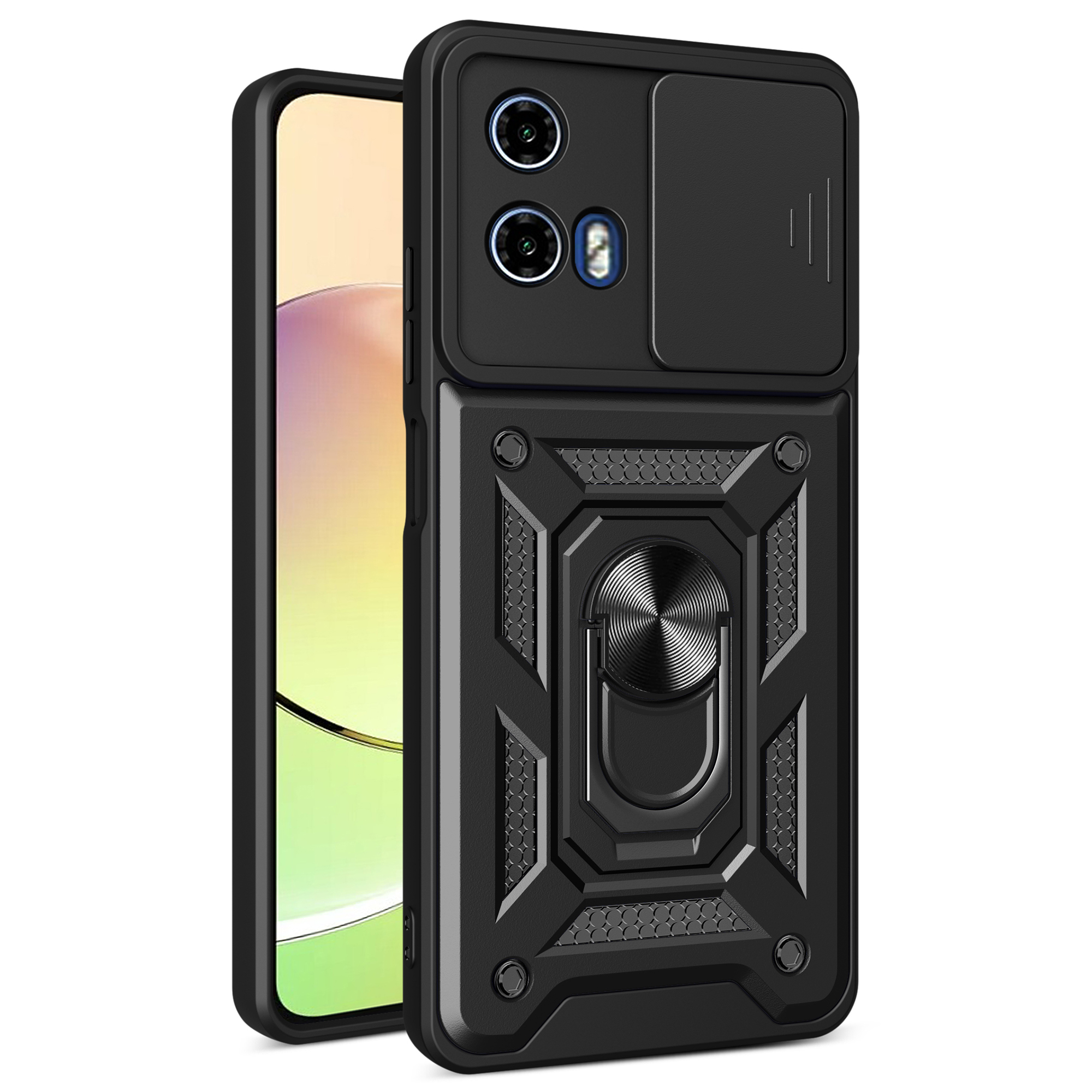 For Motorola Moto G04 4G / G24 4G Phone Shell PC+TPU Back Cover with Lens Protector + Kickstand - Black