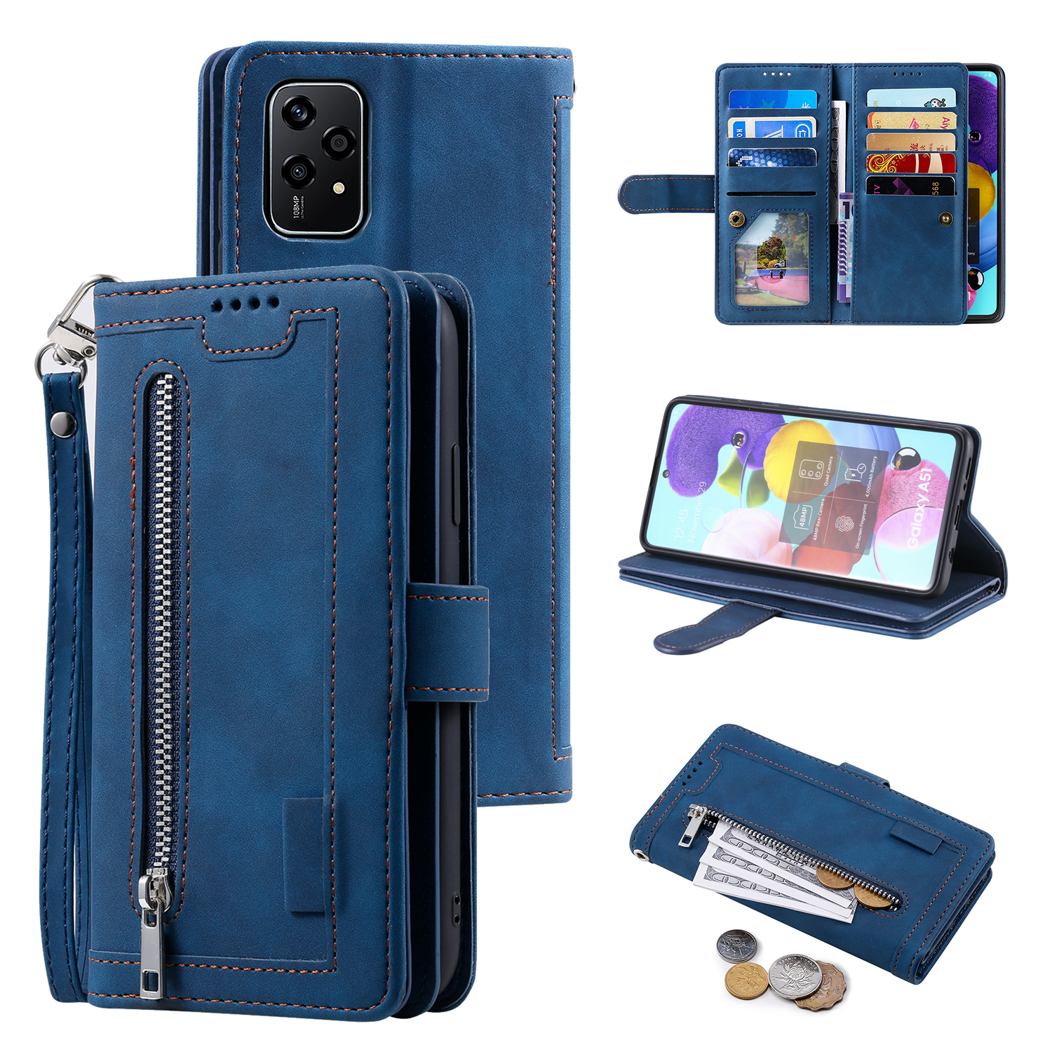 For Honor 200 Lite Case Zipper Pocket Leather Wallet Phone Cover with 9 Card Slots - Blue