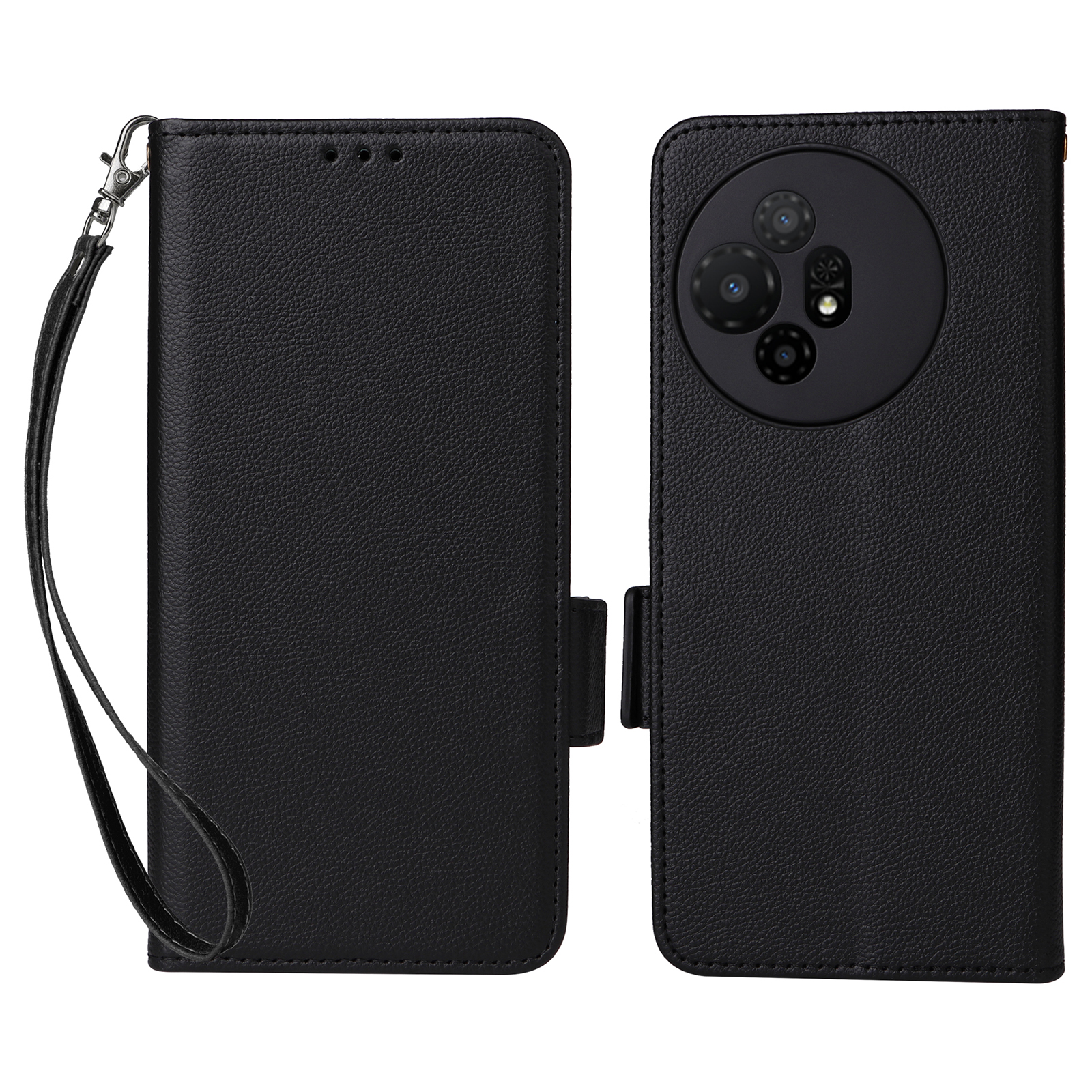 For TCL 50 XL 5G Case with Wrist Strap Litchi Texture PU Leather Wallet Phone Cover - Black