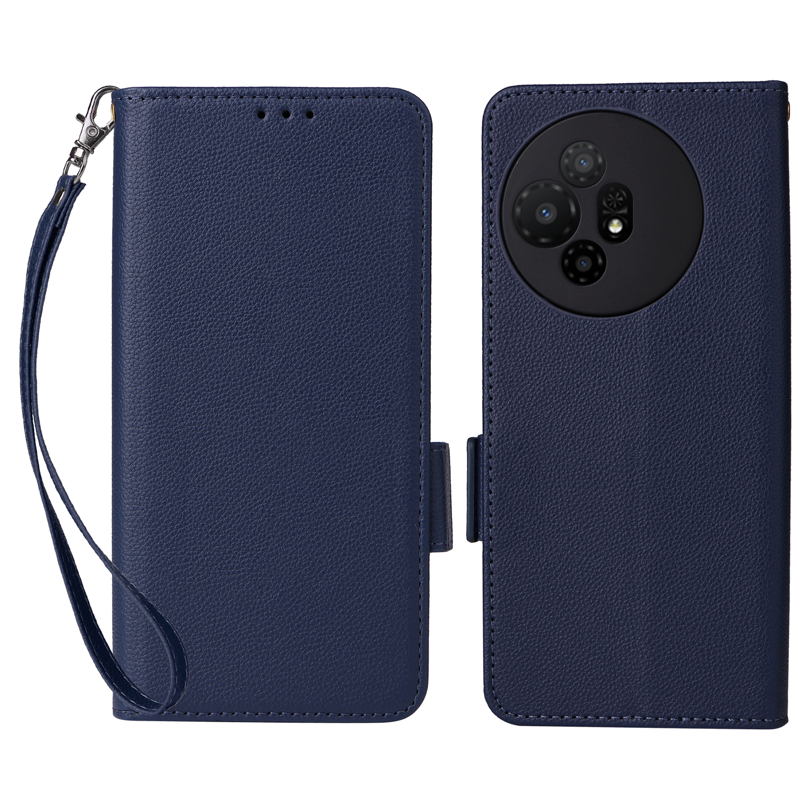 For TCL 50 XL 5G Case with Wrist Strap Litchi Texture PU Leather Wallet Phone Cover - Dark Blue