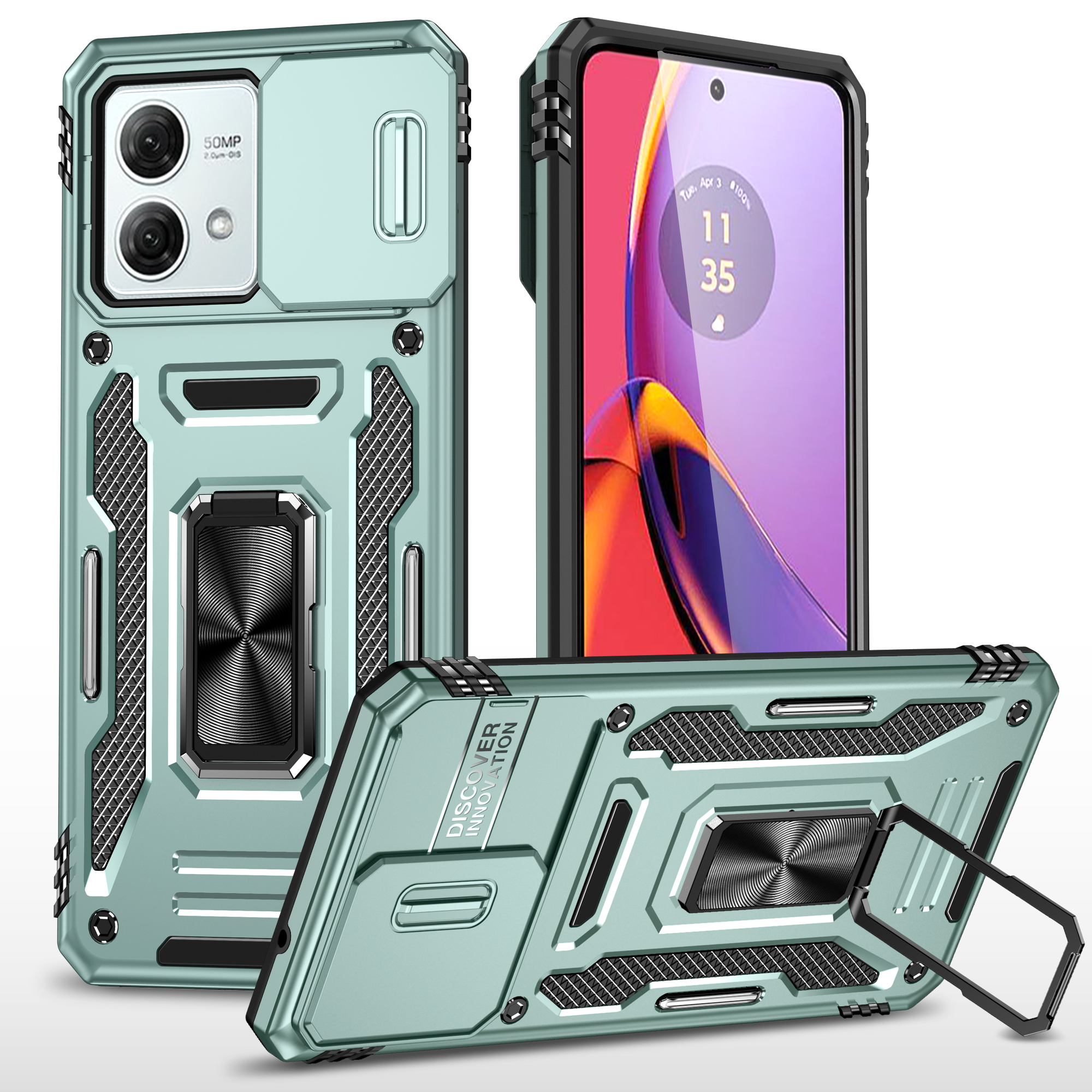 Armor Series For Motorola Moto G84 5G Case Slide Lens Lid PC+TPU Kickstand Phone Cover - Green